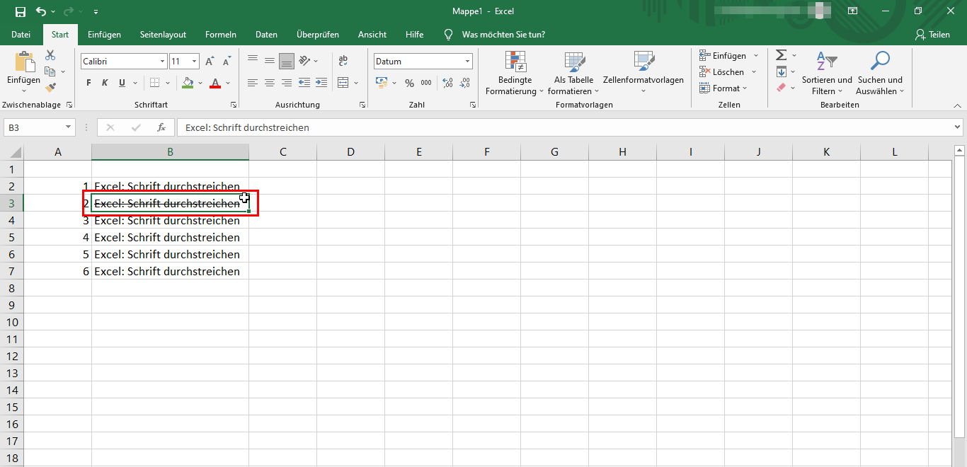 Excel: Schrift durchgestrichen