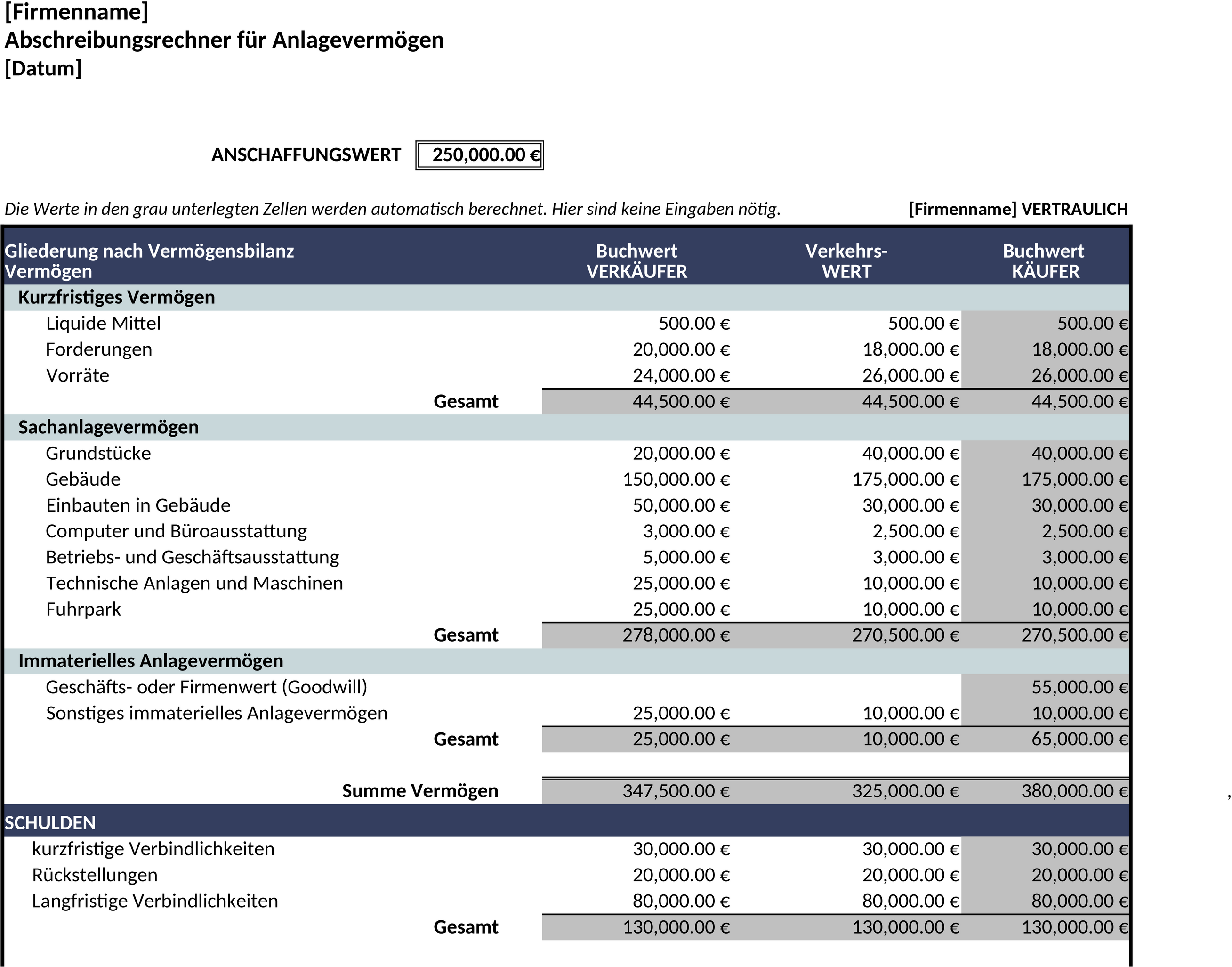 Excel-Vorlage für Abschreibungen und Anlagenverzeichnis