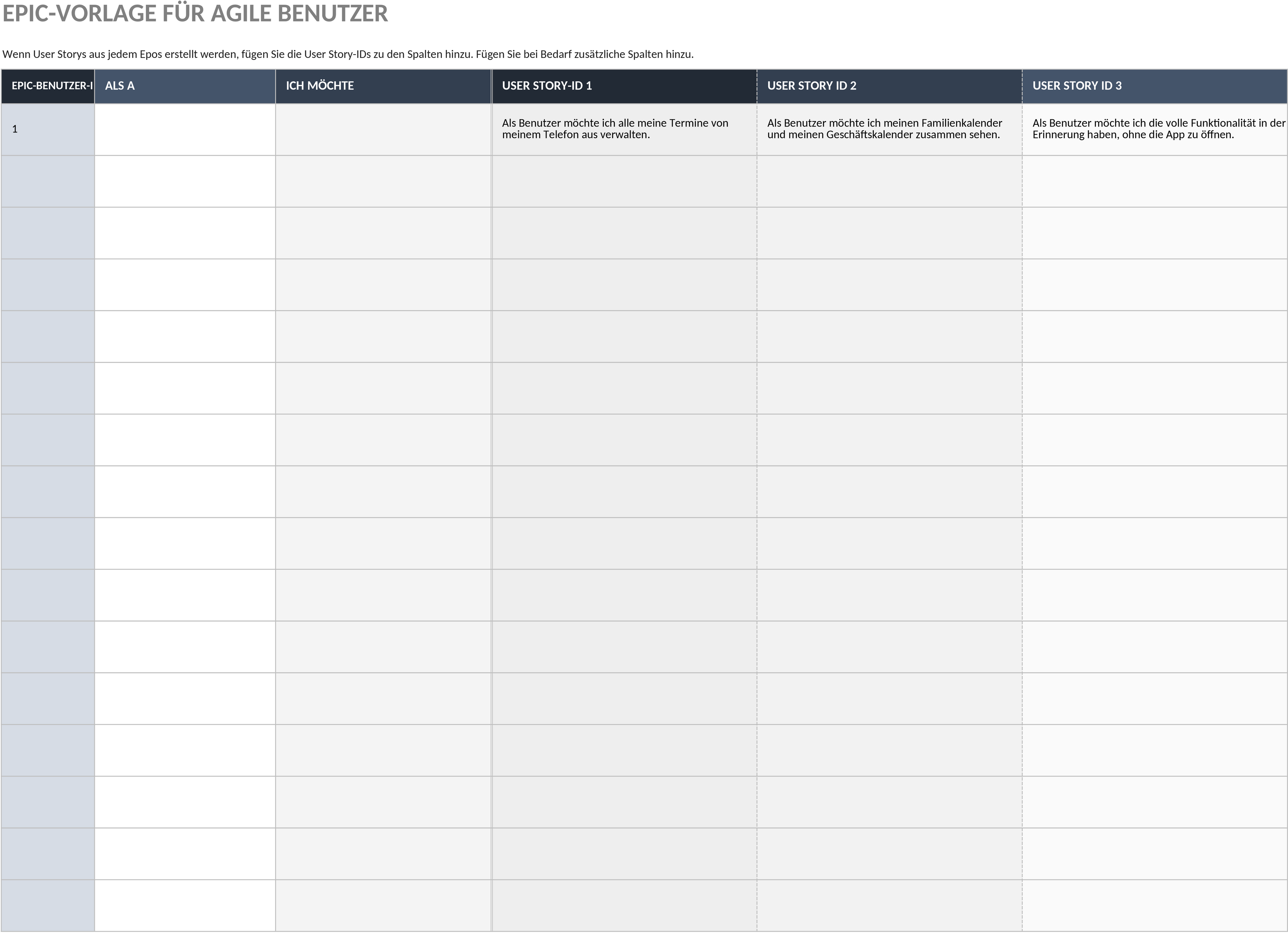Agile User Epic Excel Vorlage für Projektmanagement