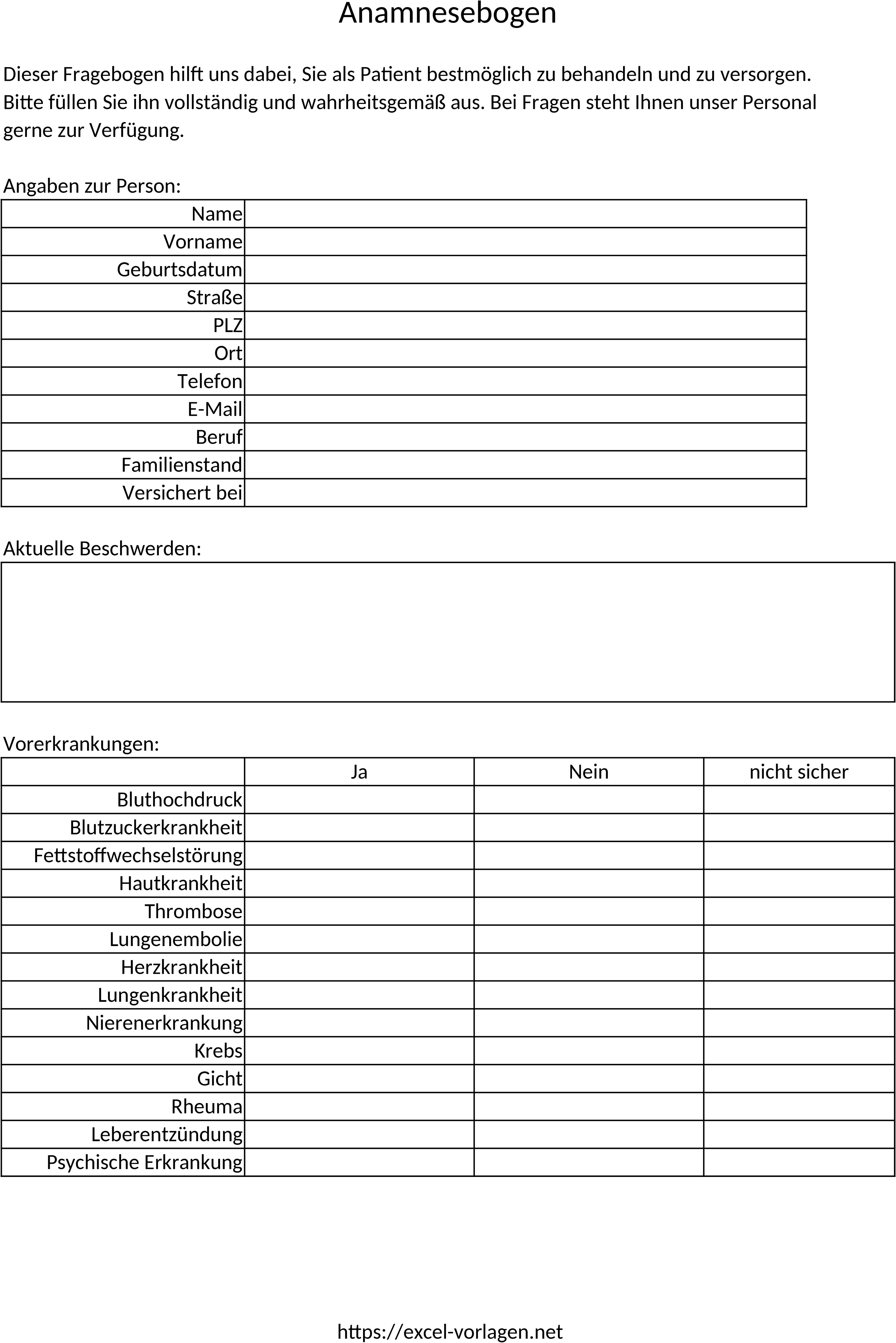 Excel Template für Anamnesebogen