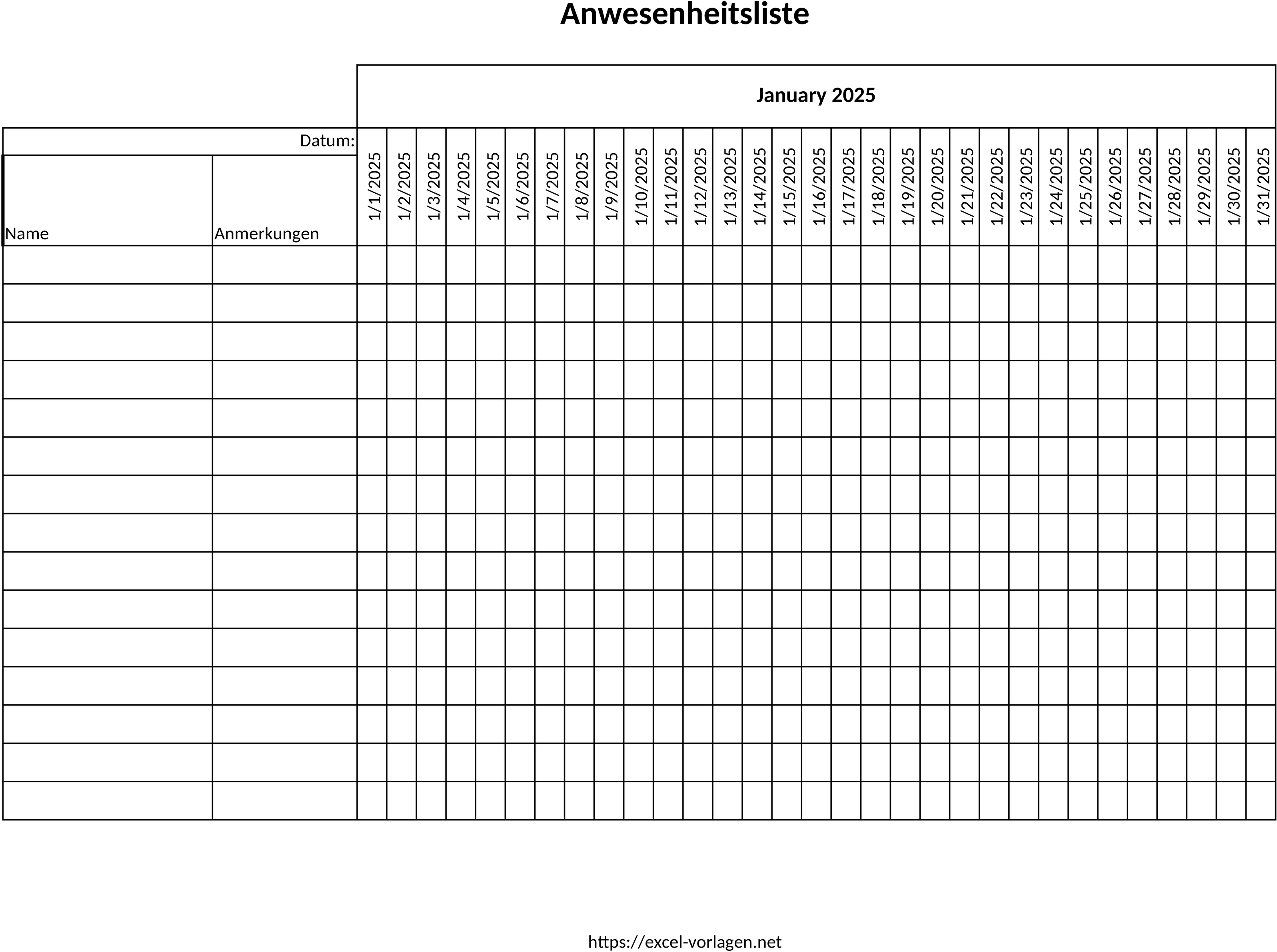 Excel-Vorlage Anwesenheitsliste 2025 für Personalwesen
