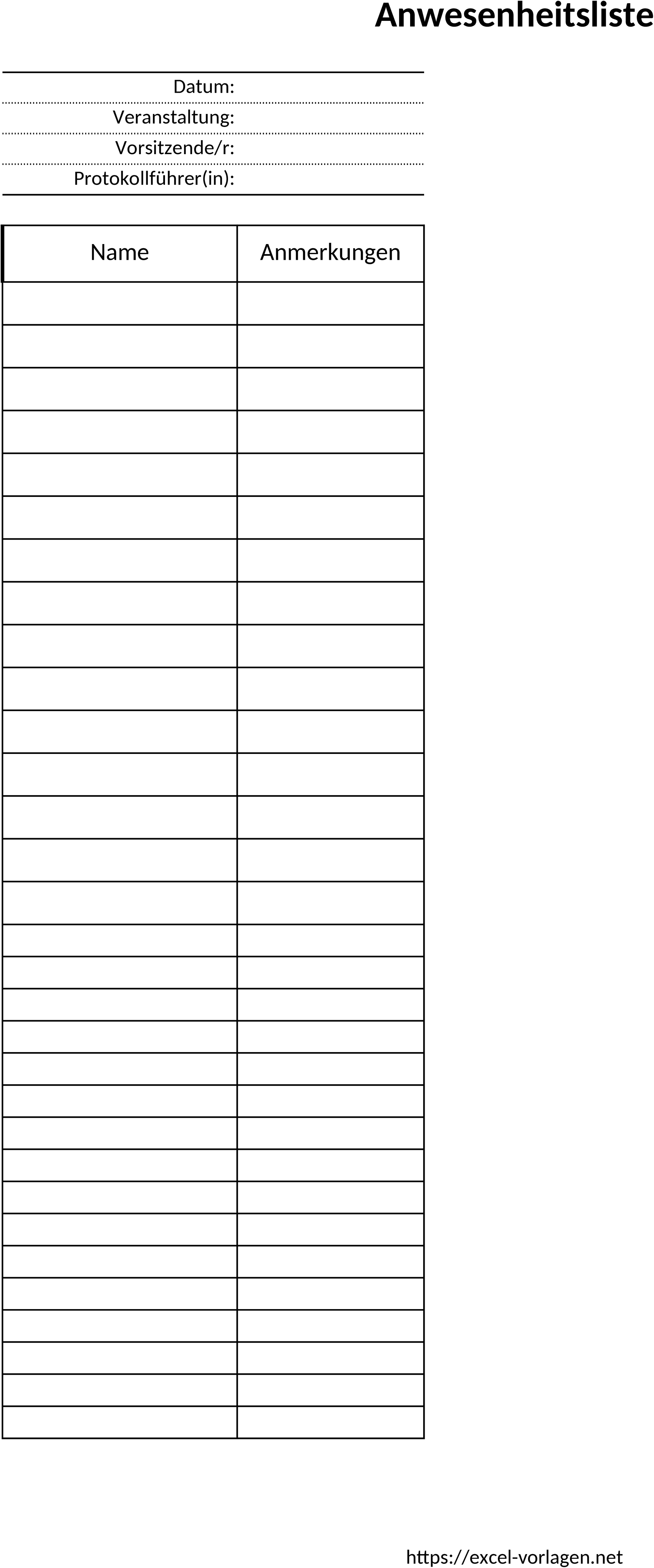 Excel-Vorlage für Anwesenheitsliste 2025 im Hochformat