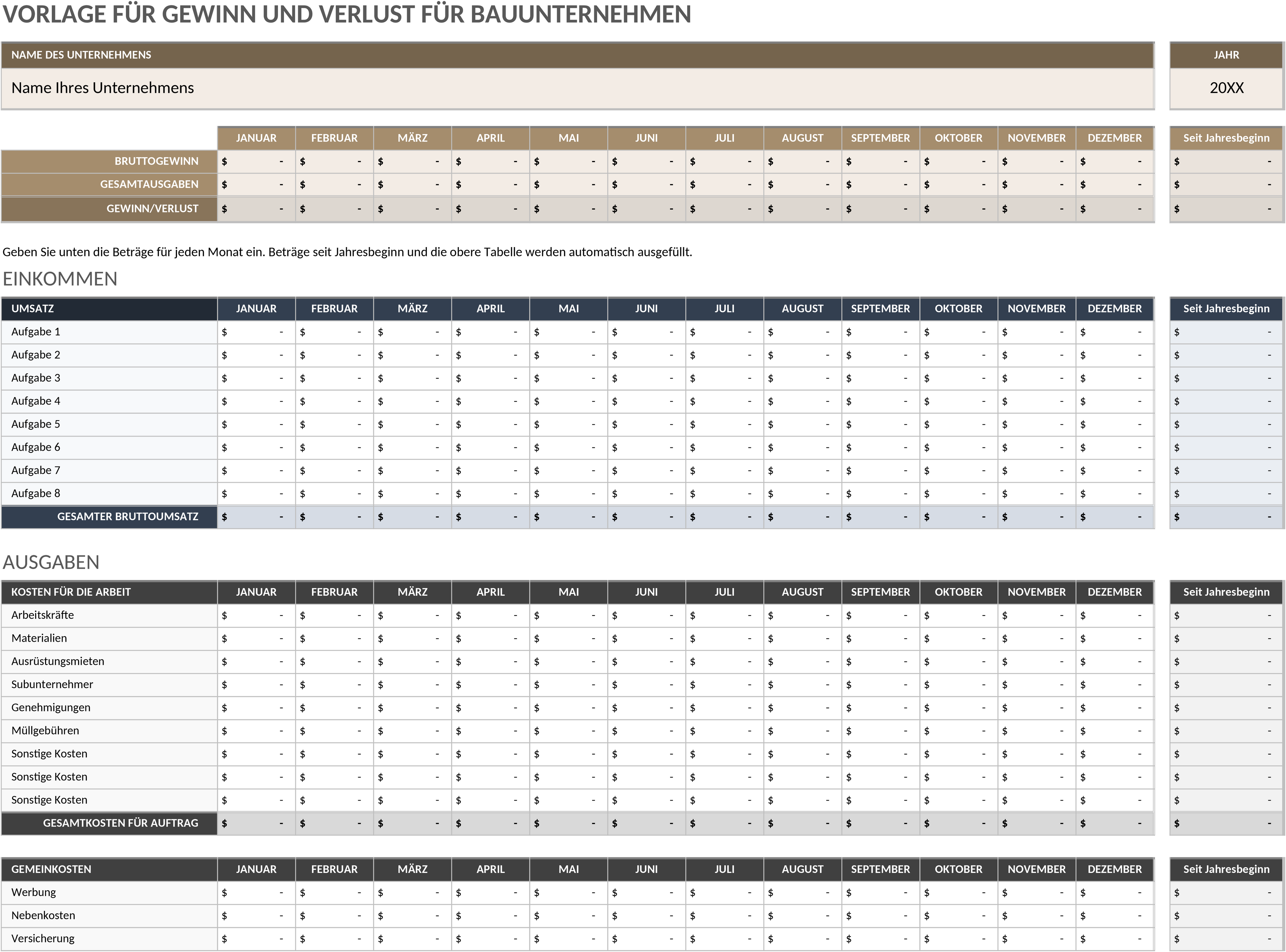 Excel-Vorlage für Baugewerbe Gewinn- und Verlustrechnung