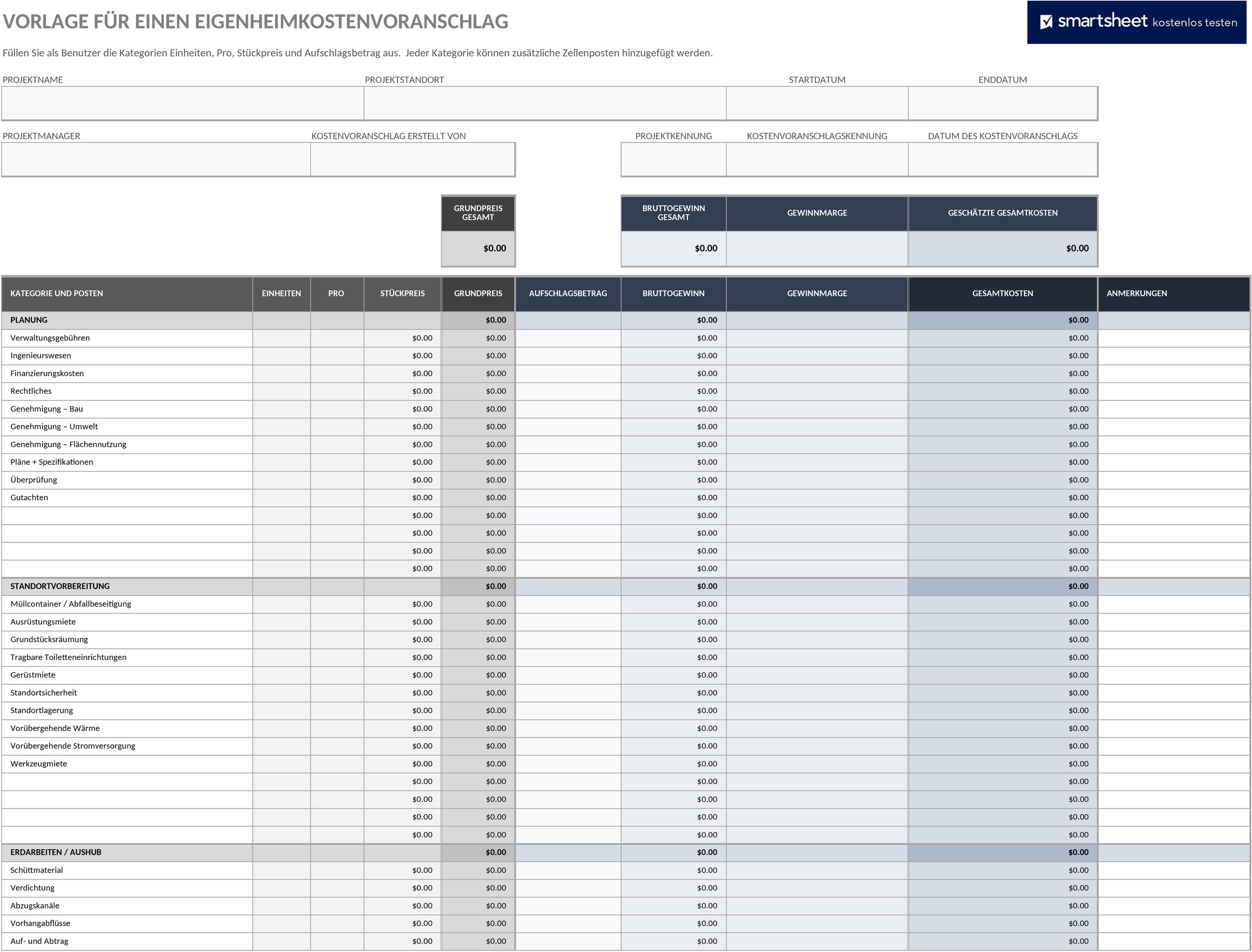 Excel-Vorlage für Baukostenkalkulation
