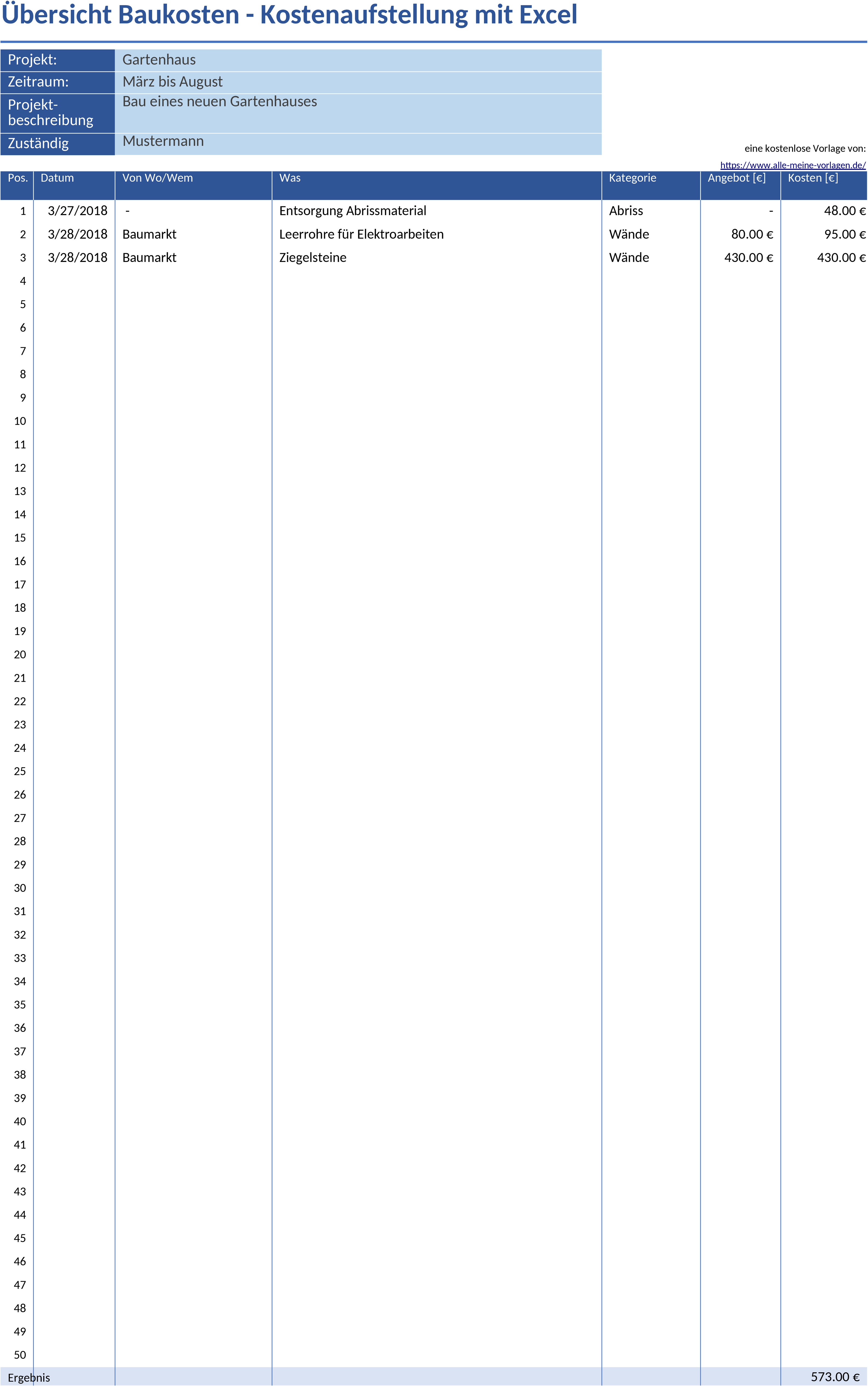 Excel-Vorlage für Baukostenplanung zur effizienten Budgetkontrolle