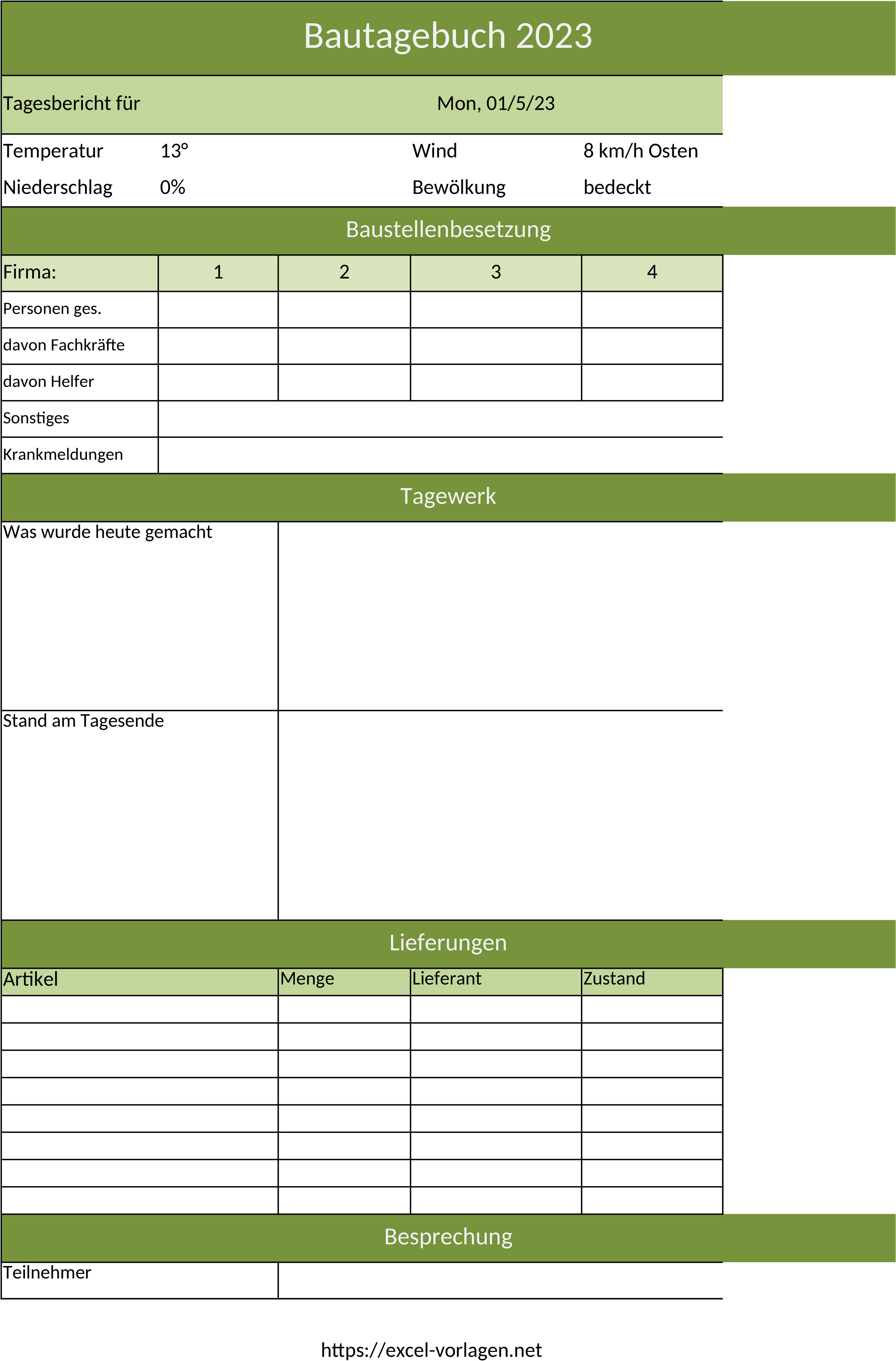 Excel-Vorlage Bautagebuch für Projektmanagement