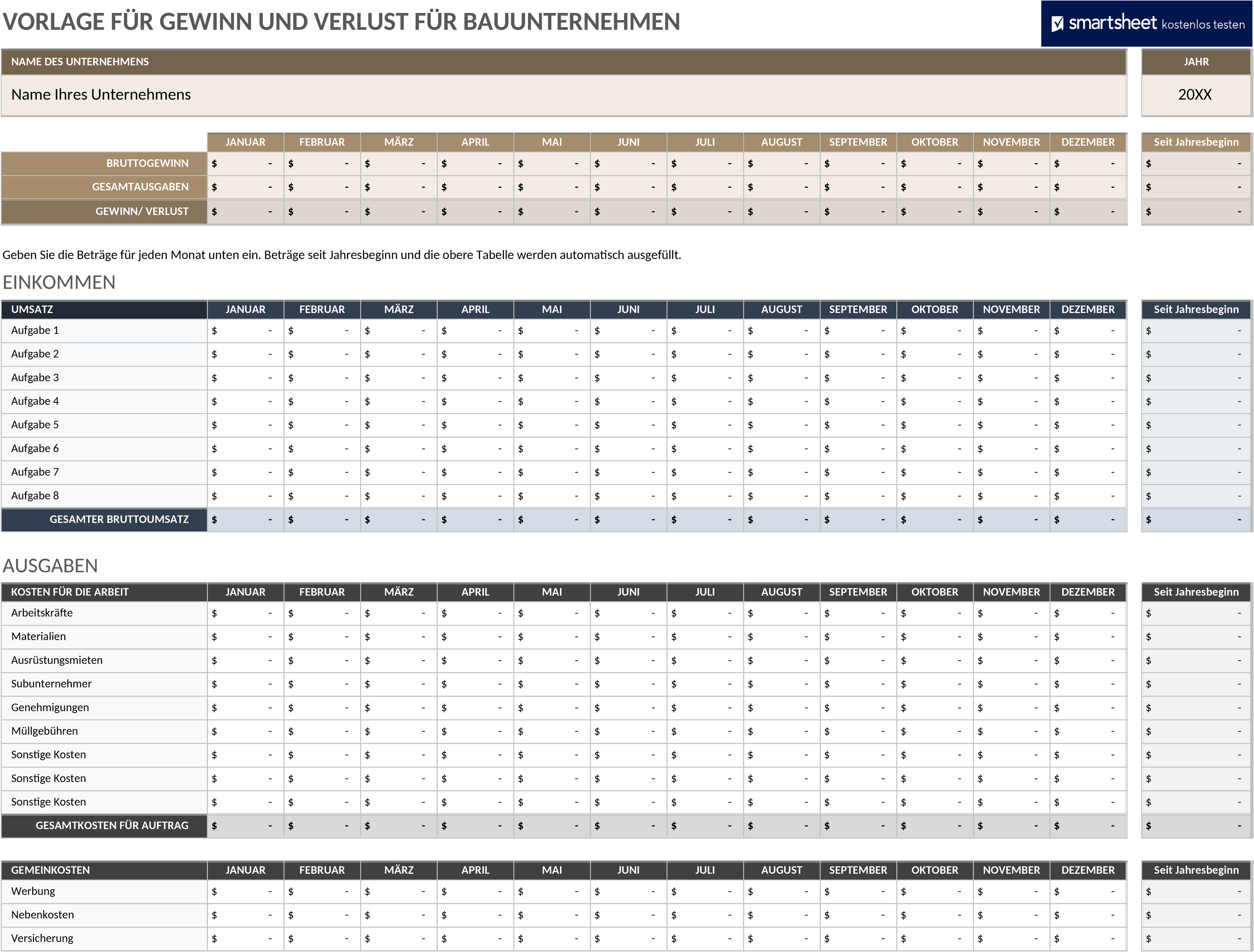 Excel-Vorlage für Gewinn- und Verlustrechnung im Bauwesen
