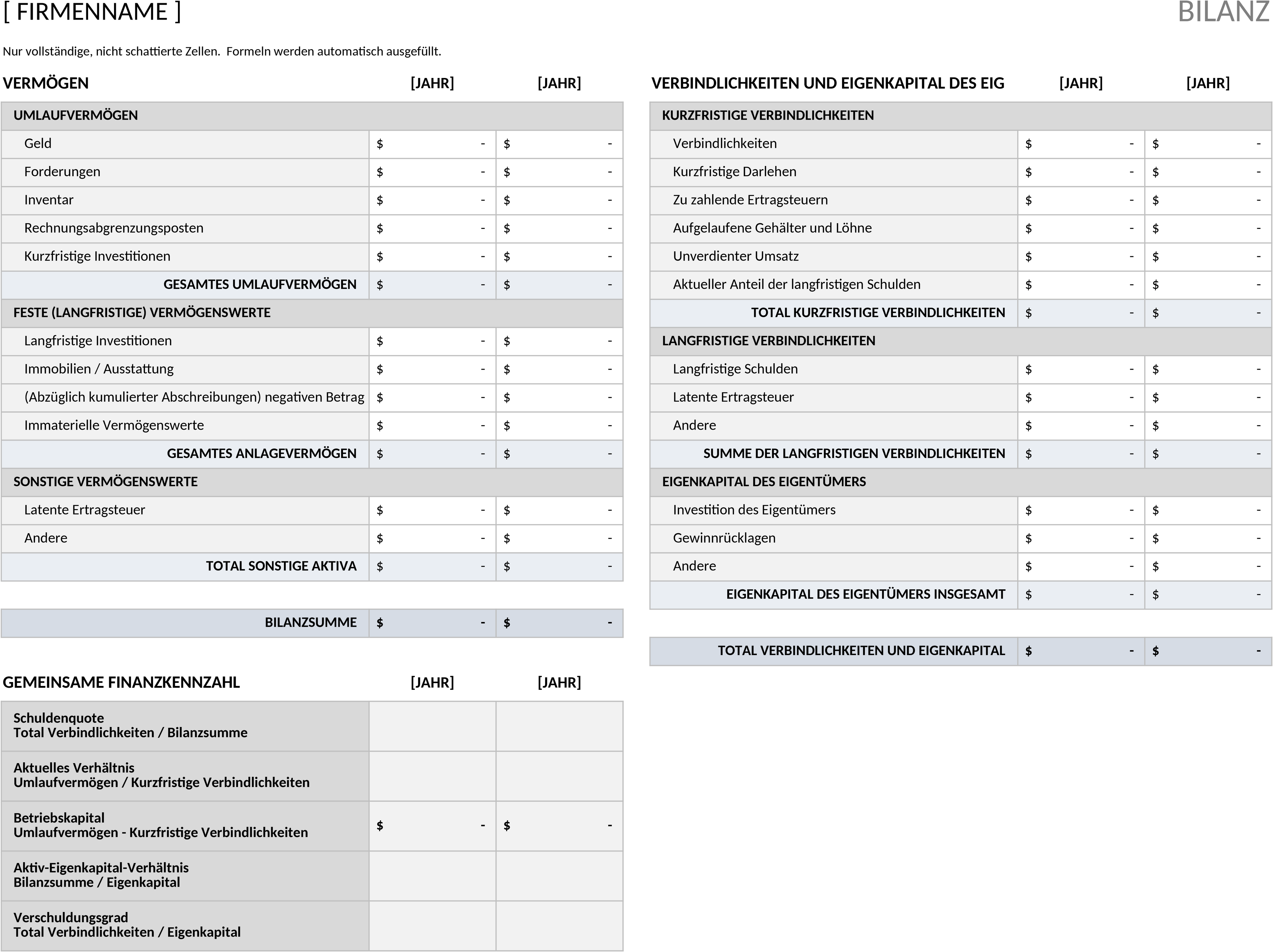 Bilanzvorlage Excel für Unternehmen