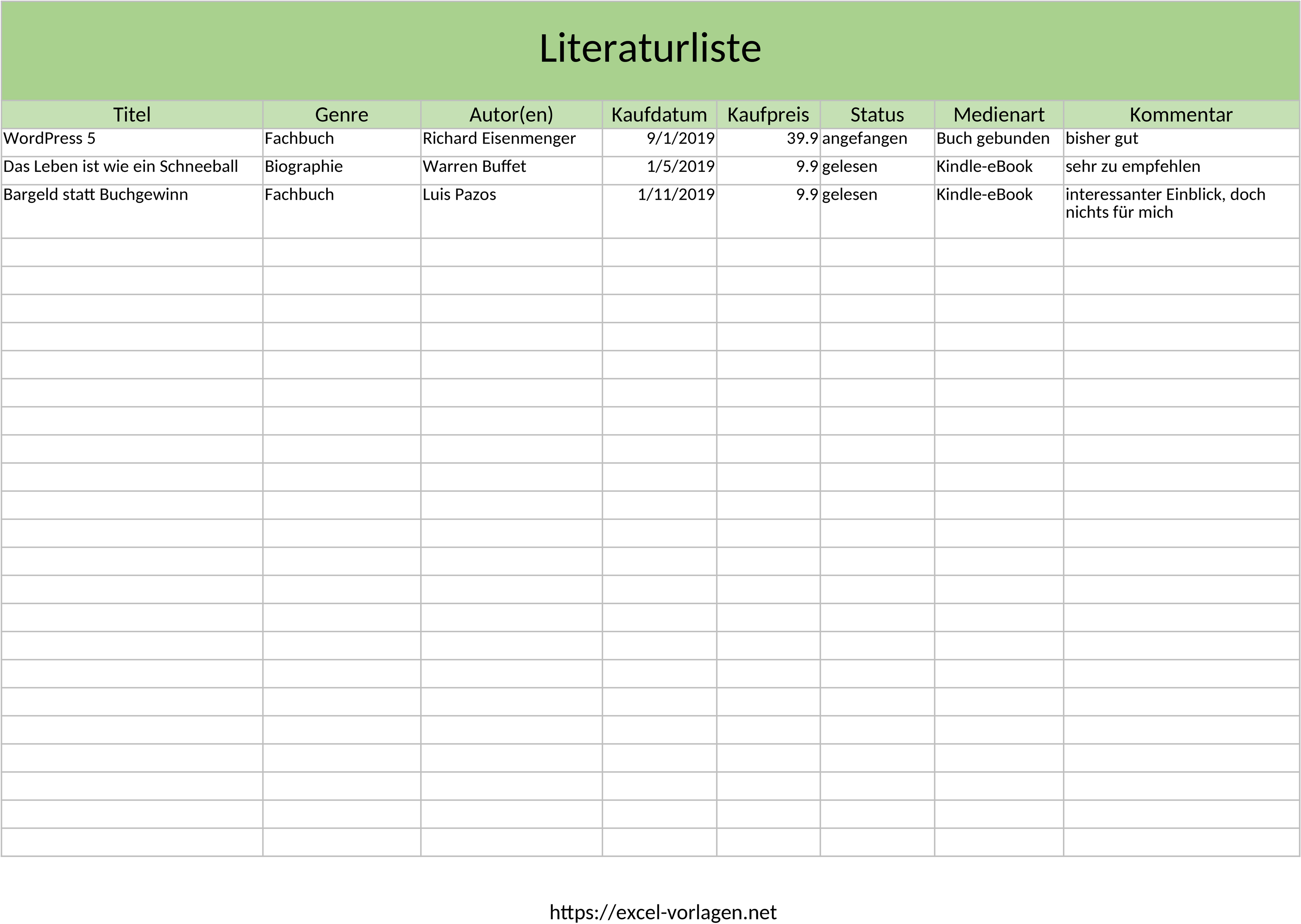 Excel-Vorlage Buch- und Literaturliste für Literaturverwaltung