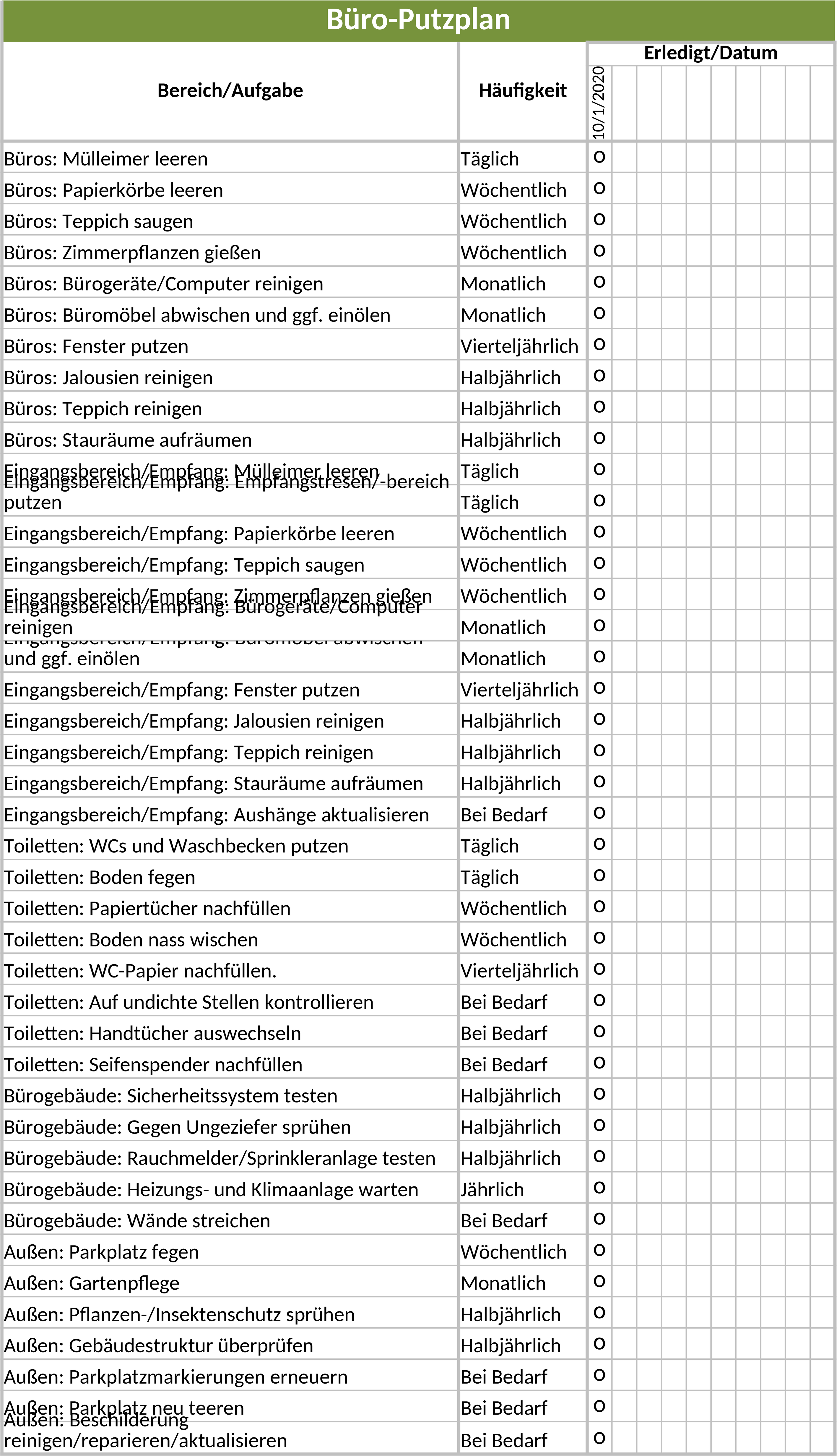 Excel-Vorlage für Büro-Putzplan