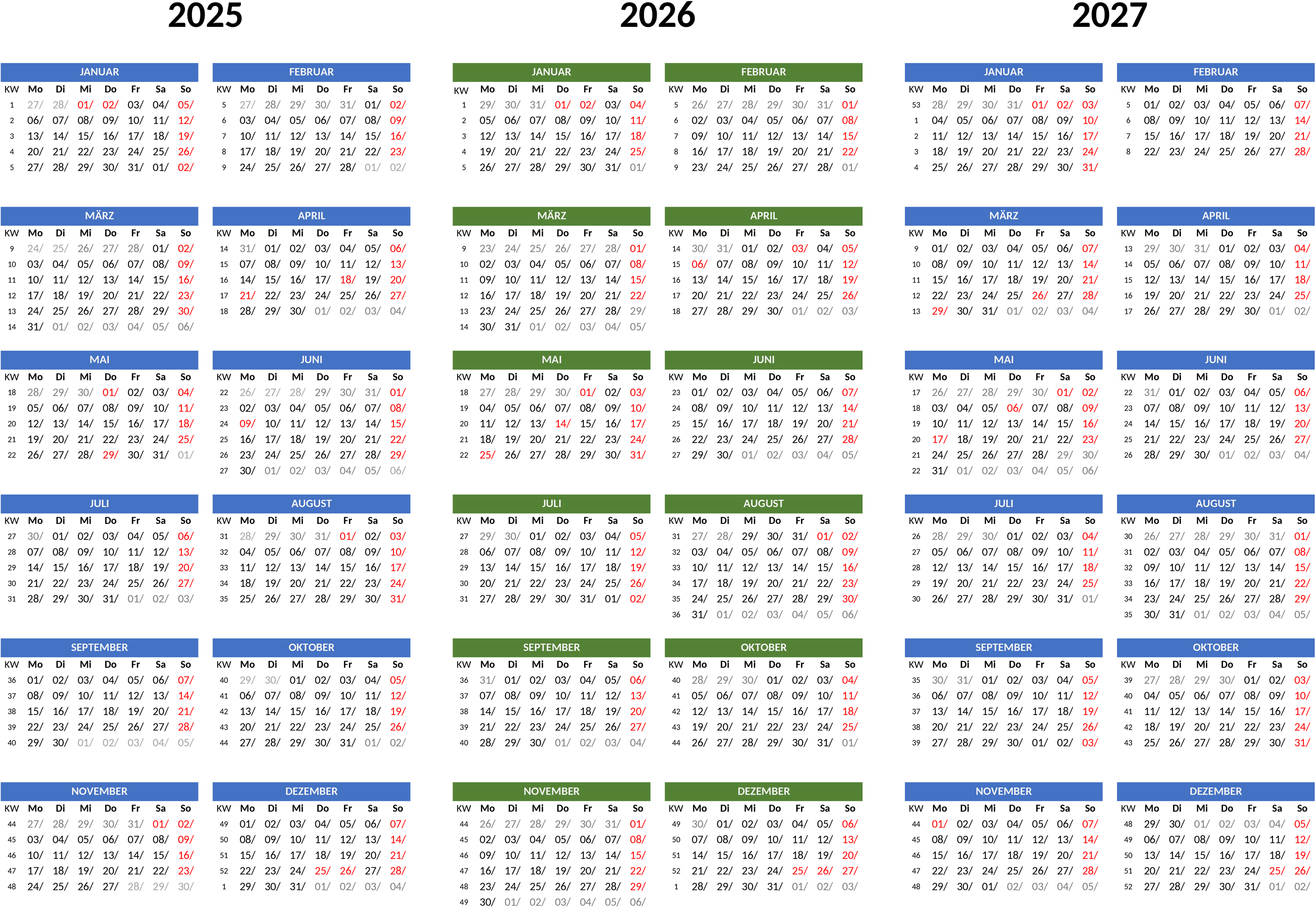 Excel-Dreijahreskalender 2025-2027