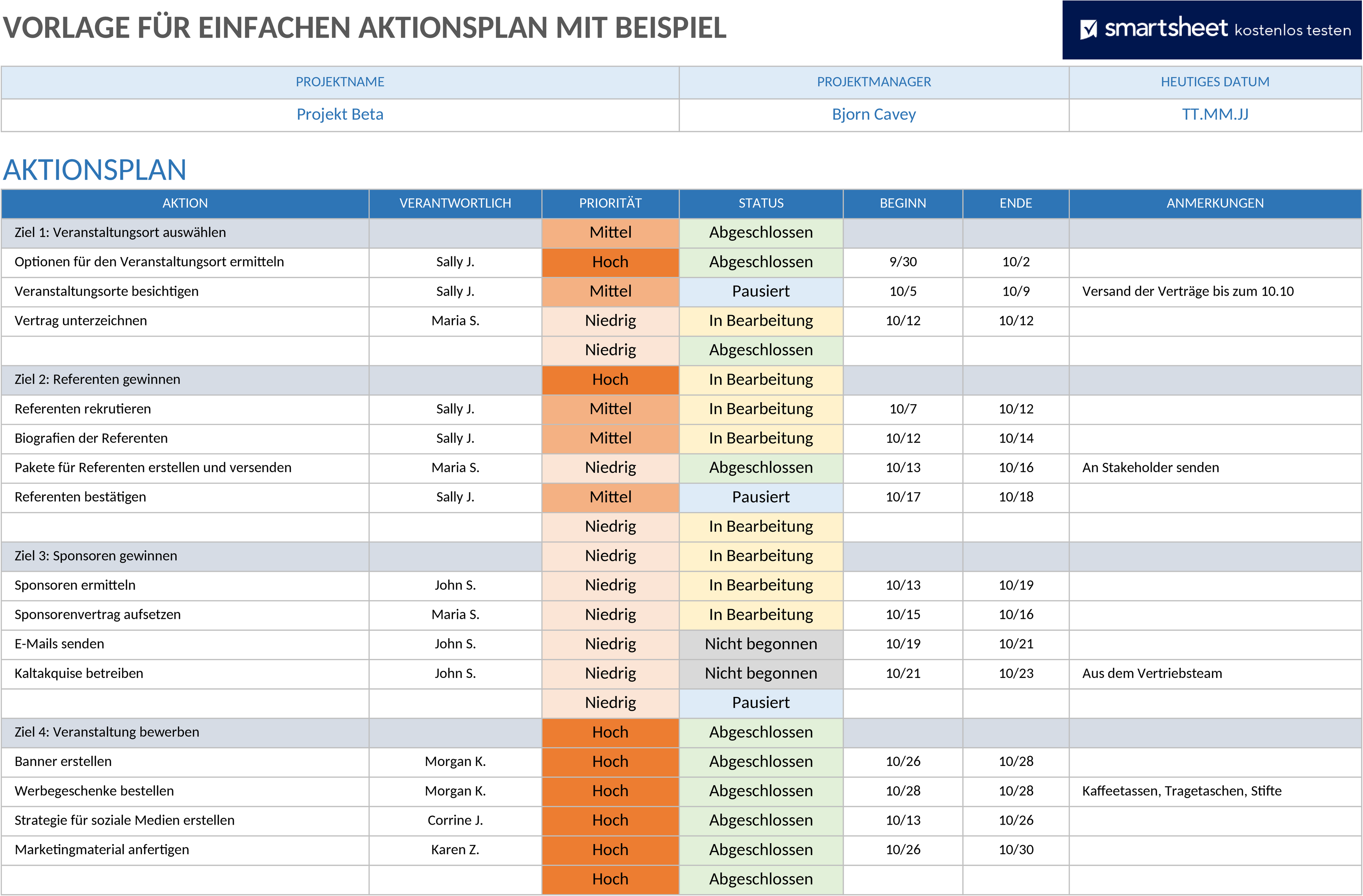 Excel-Vorlage für einen Einfachen Aktionsplan zur Projektplanung