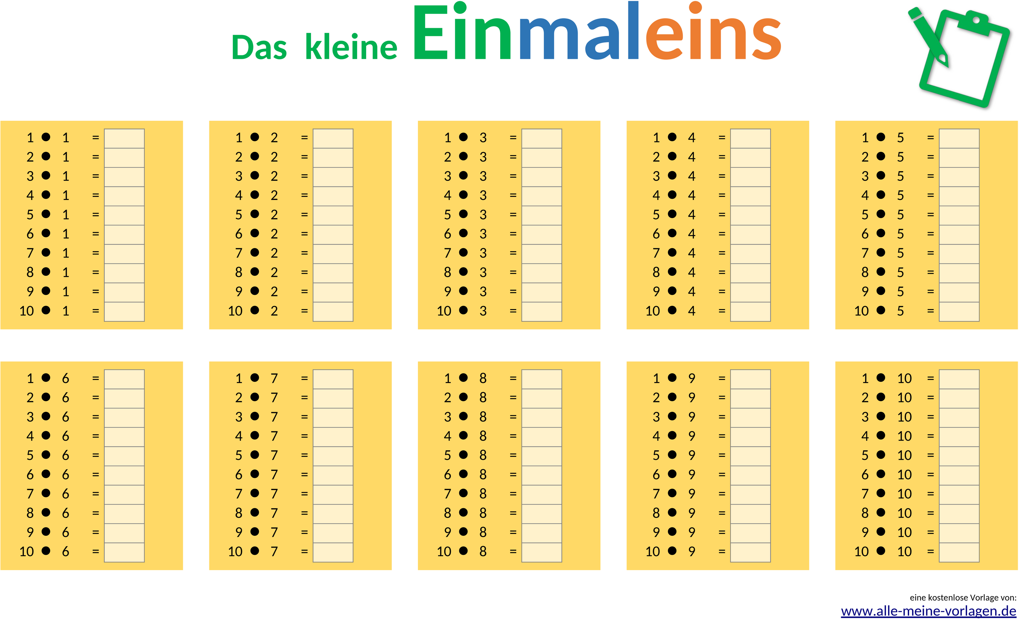 Excel-Vorlage für Einmaleins-Übungen