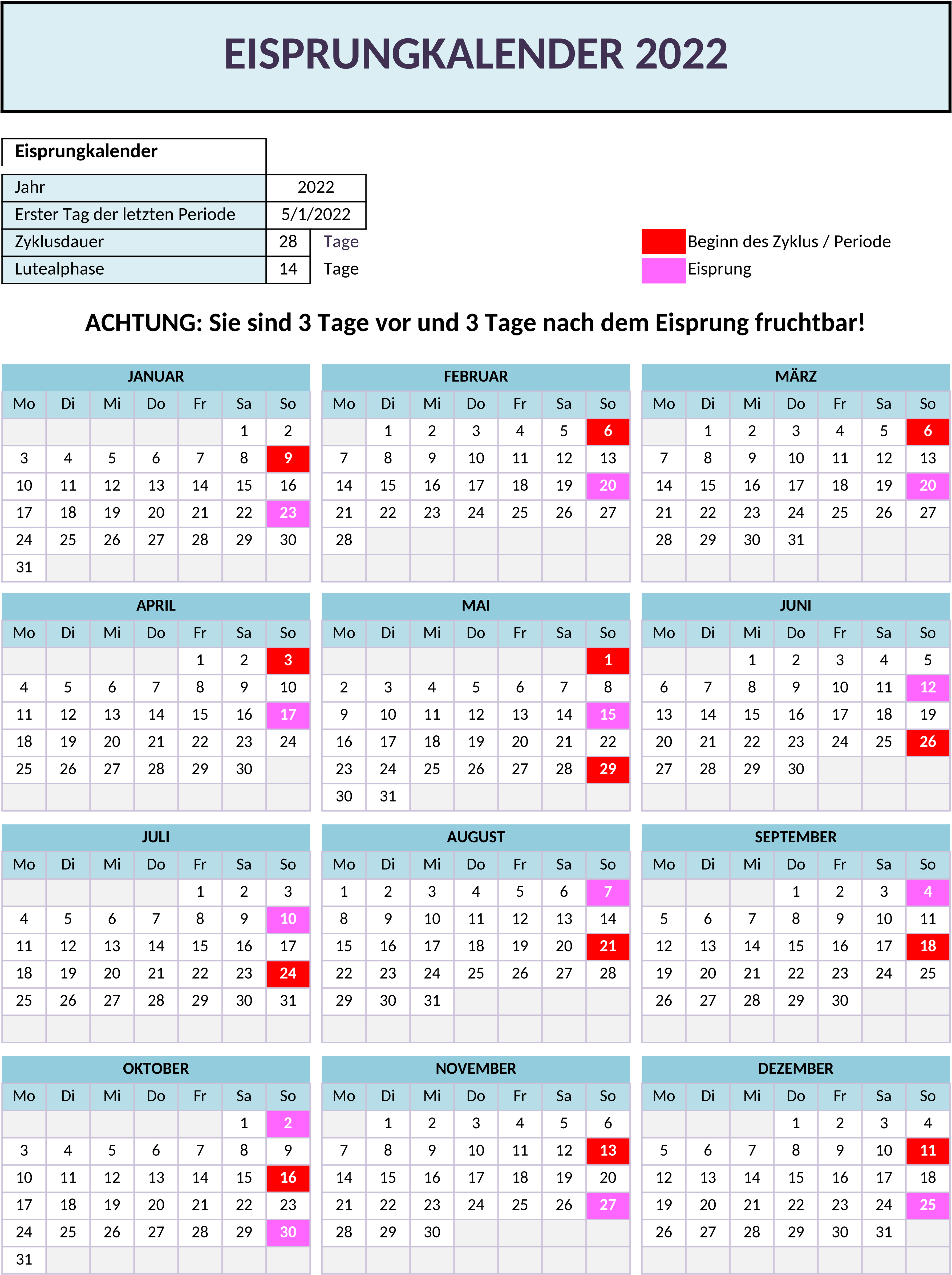 Excel-Vorlage: Eisprungkalender für Zyklusüberwachung