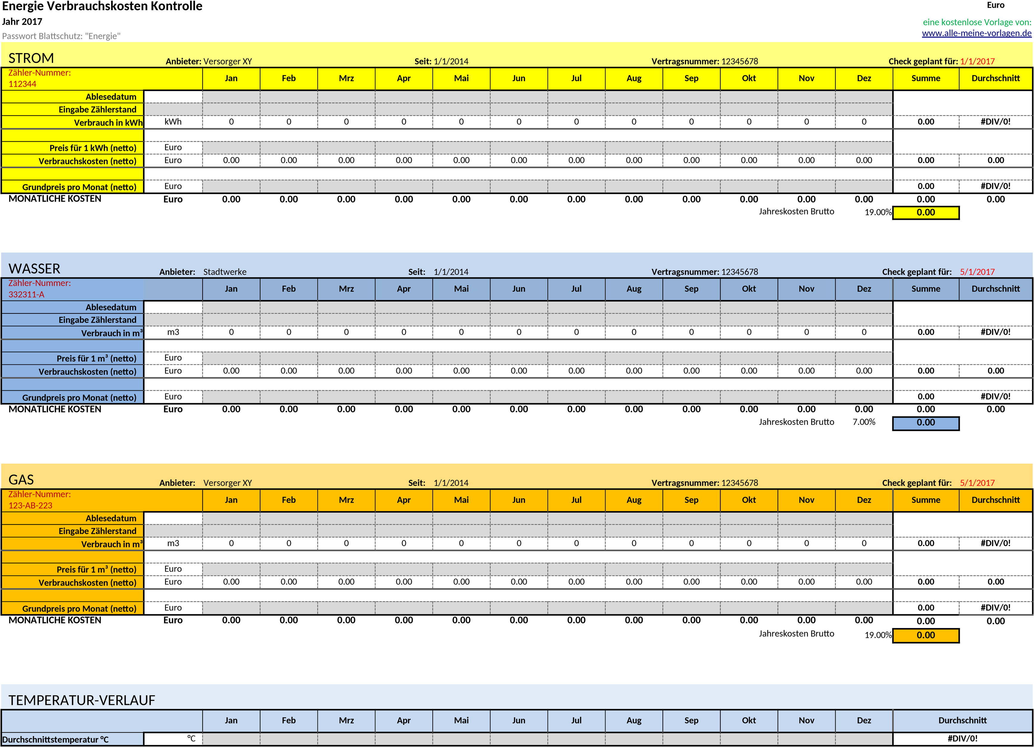 Excel-Vorlage für Energieverbrauchskostenkontrolle