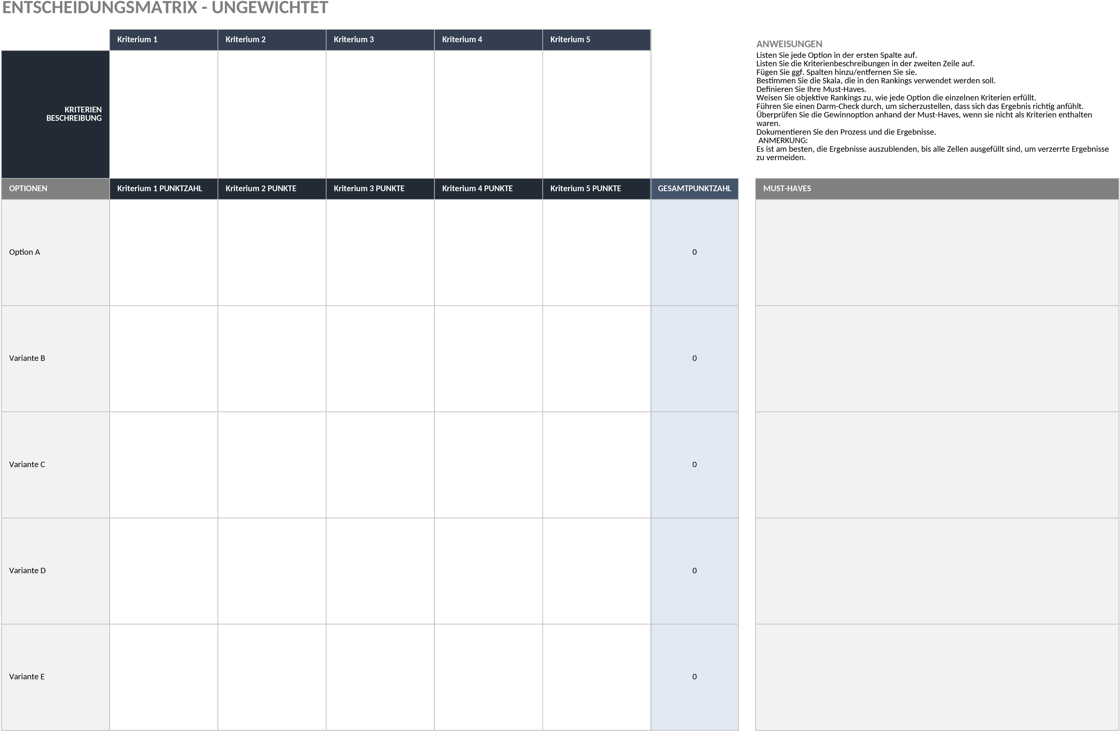 Excel-Vorlage für Entscheidungsfindung: Ungewichtete Entscheidungsmatrix