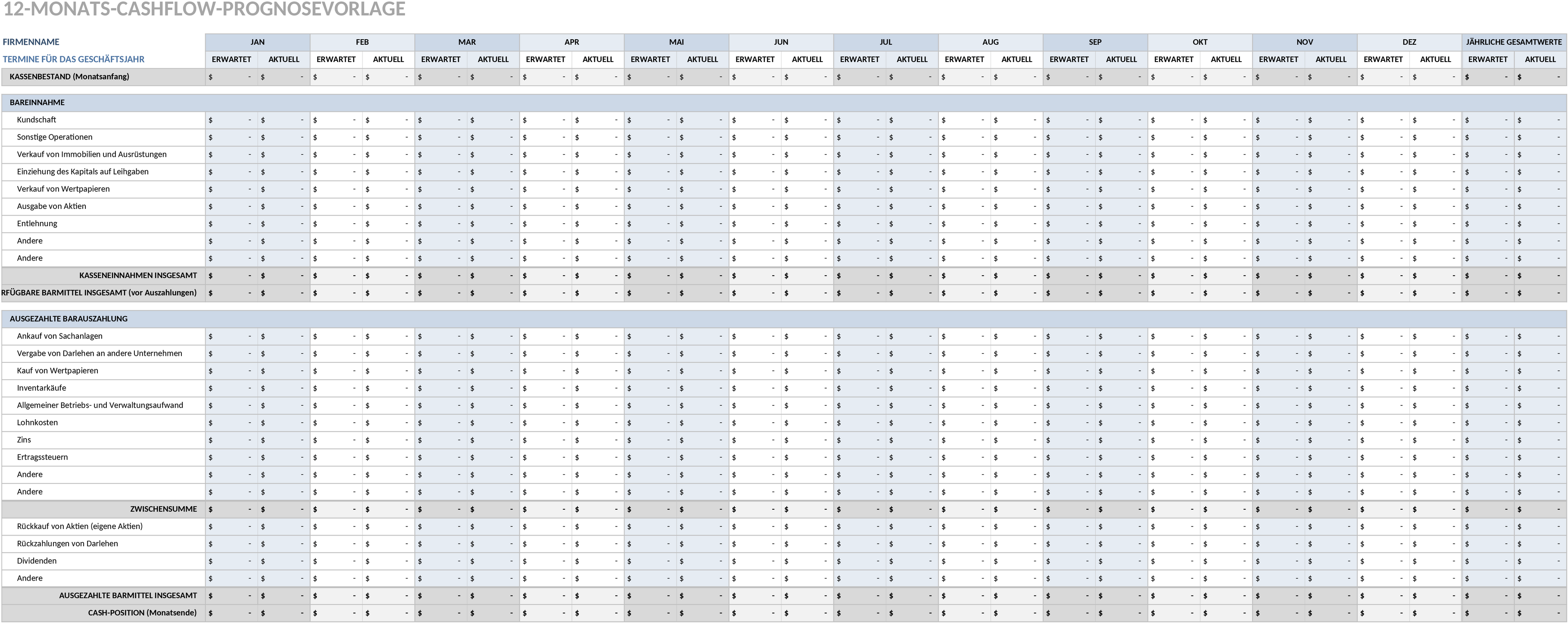 Excel-Template zur 12-Monats-Kapitalflussplanung