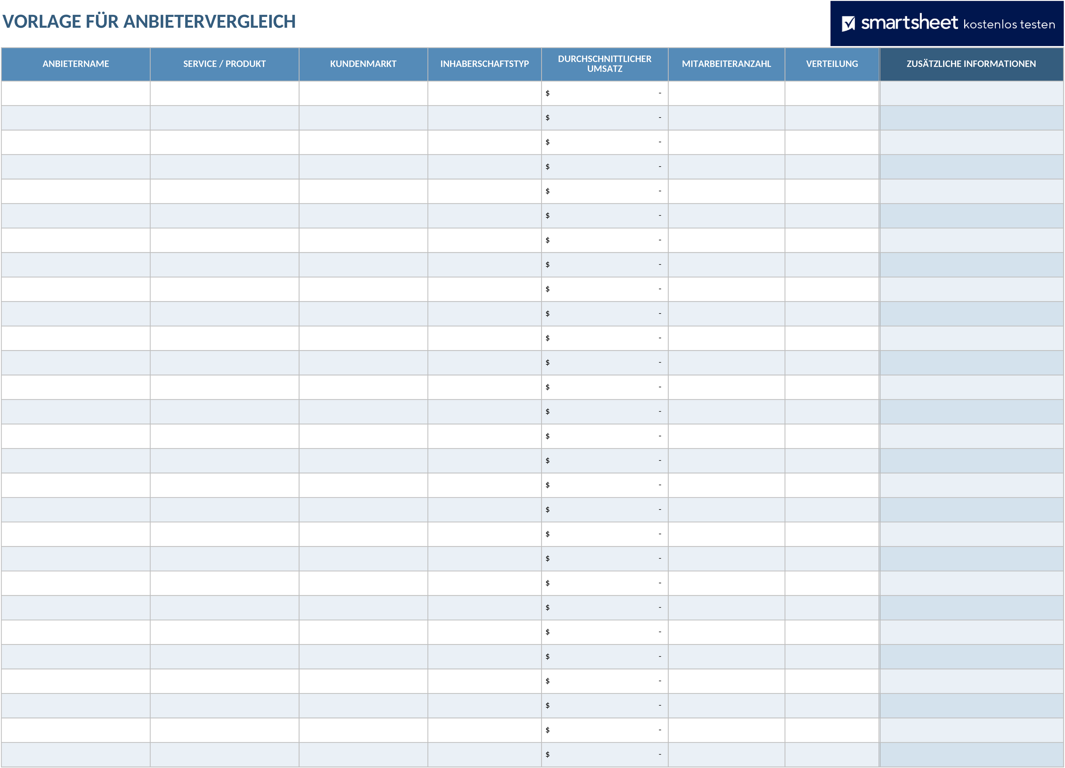Excel-Vorlage für Anbieter-Vergleich mit Bewertungskriterien