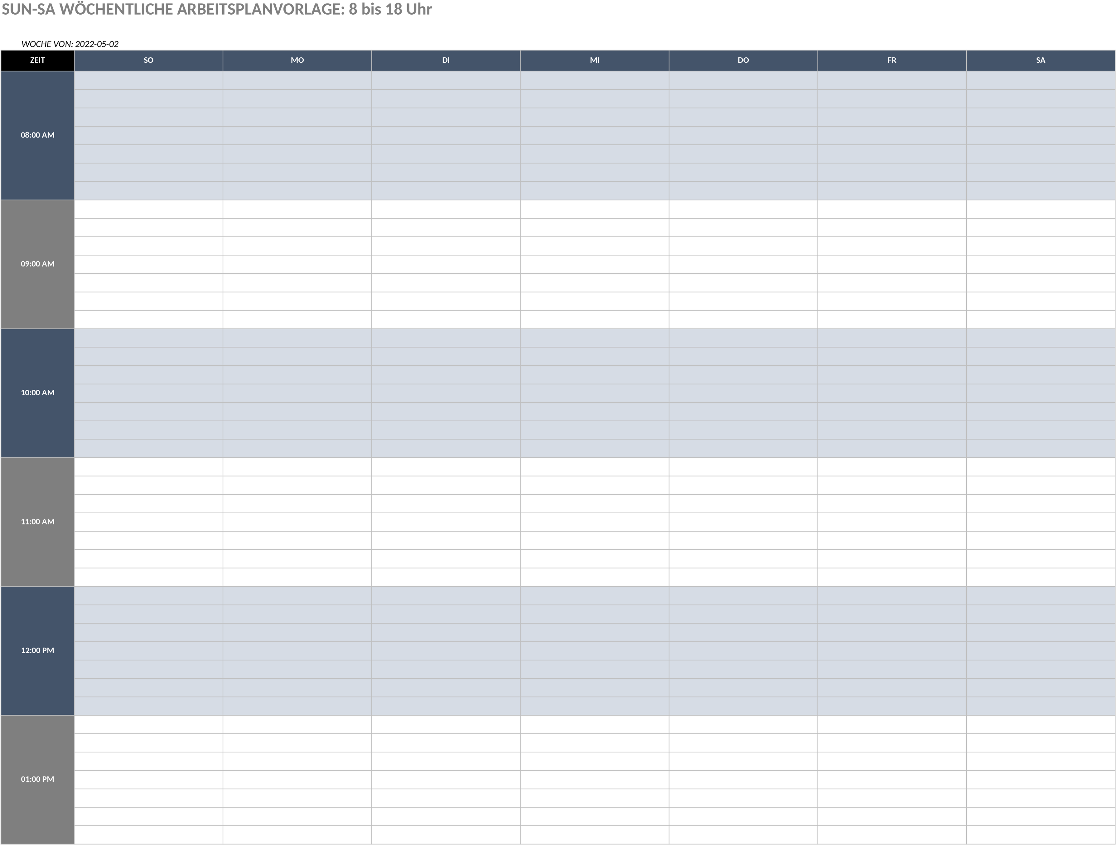 Excel Vorlage für Arbeitszeitpläne von Montag bis Samstag 8-18 Uhr