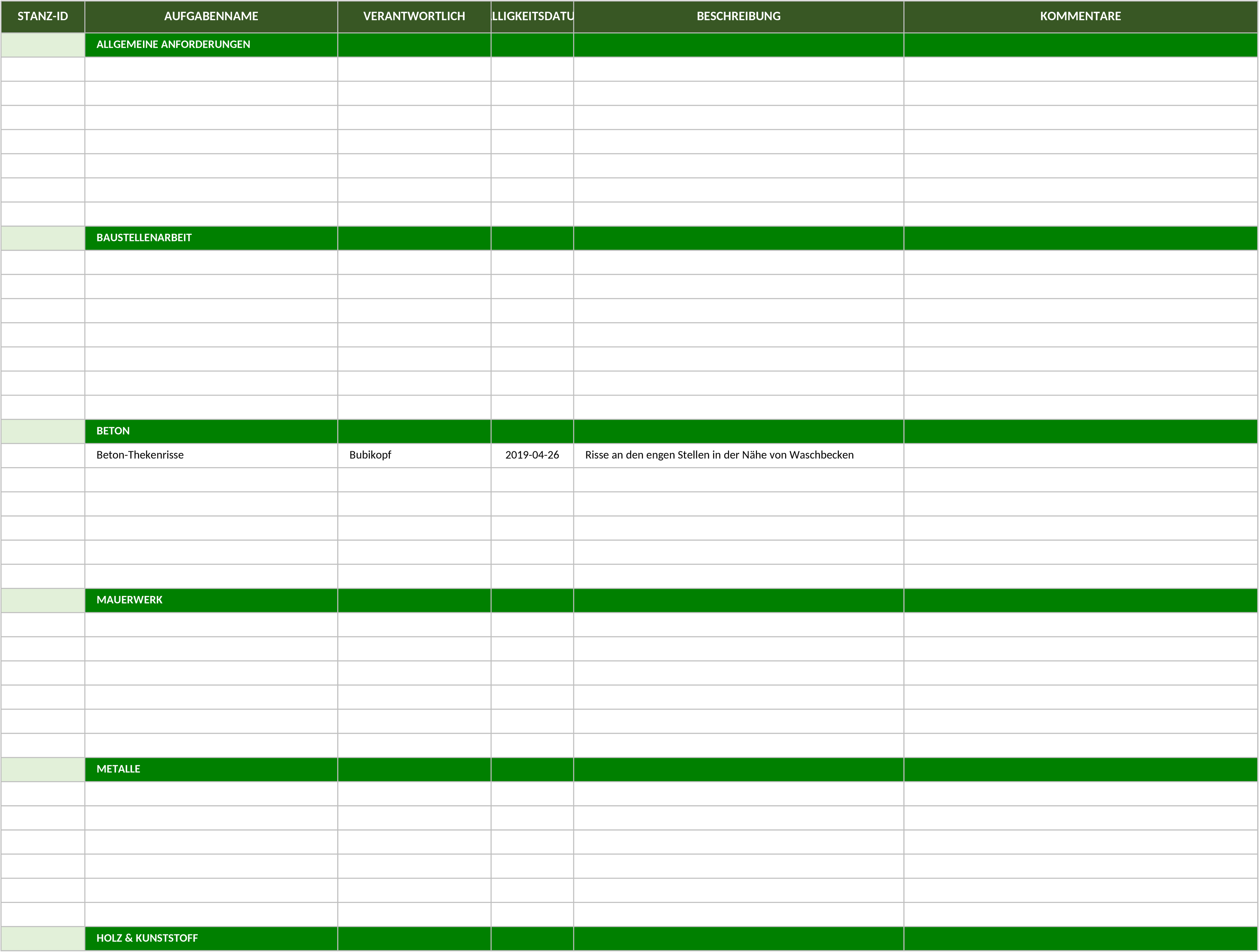 Excel-Vorlage für Bauprojekt-Mängelliste