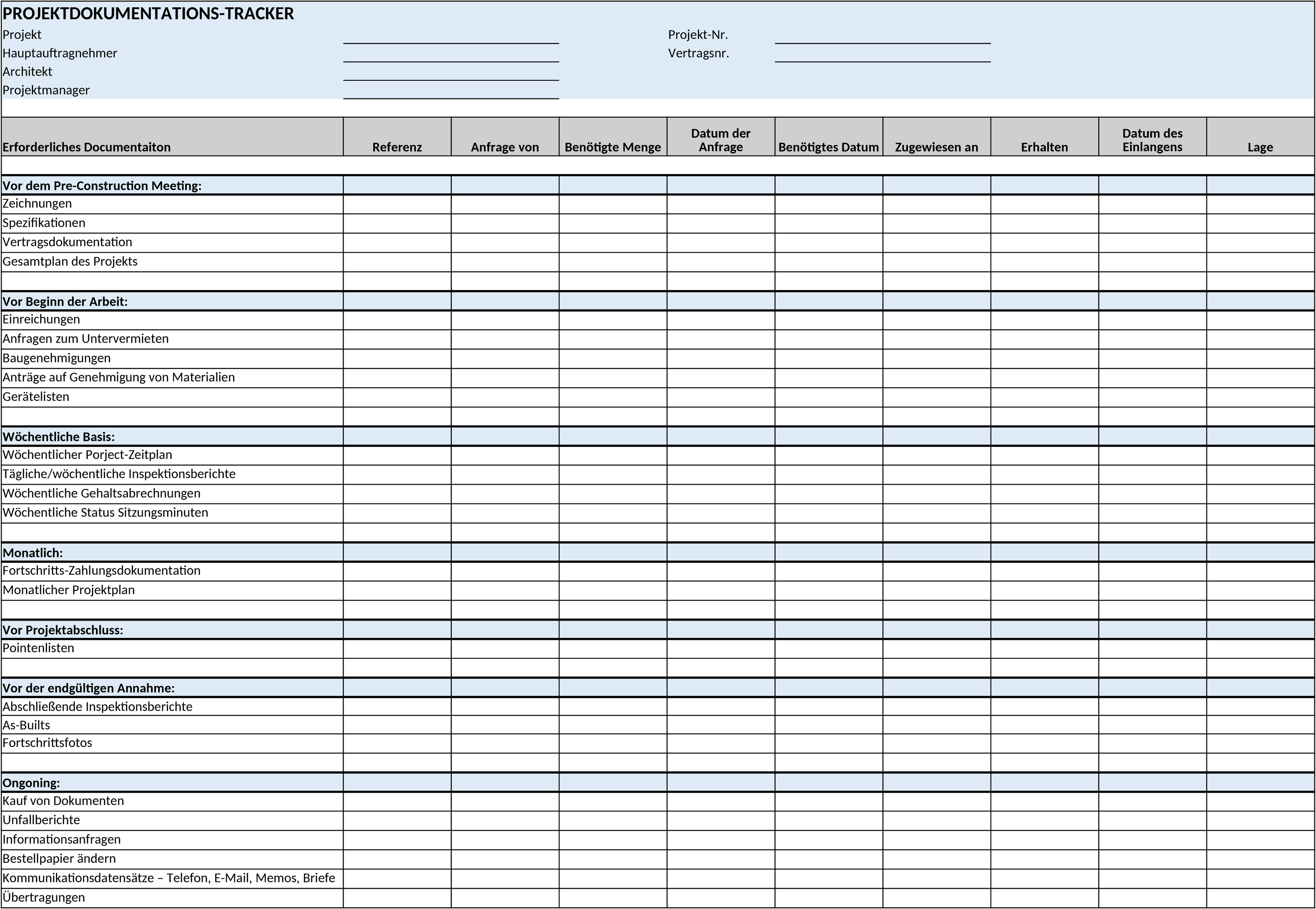 Excel-Vorlage für Bauprojektmanagement und Dokumentationsverfolgung