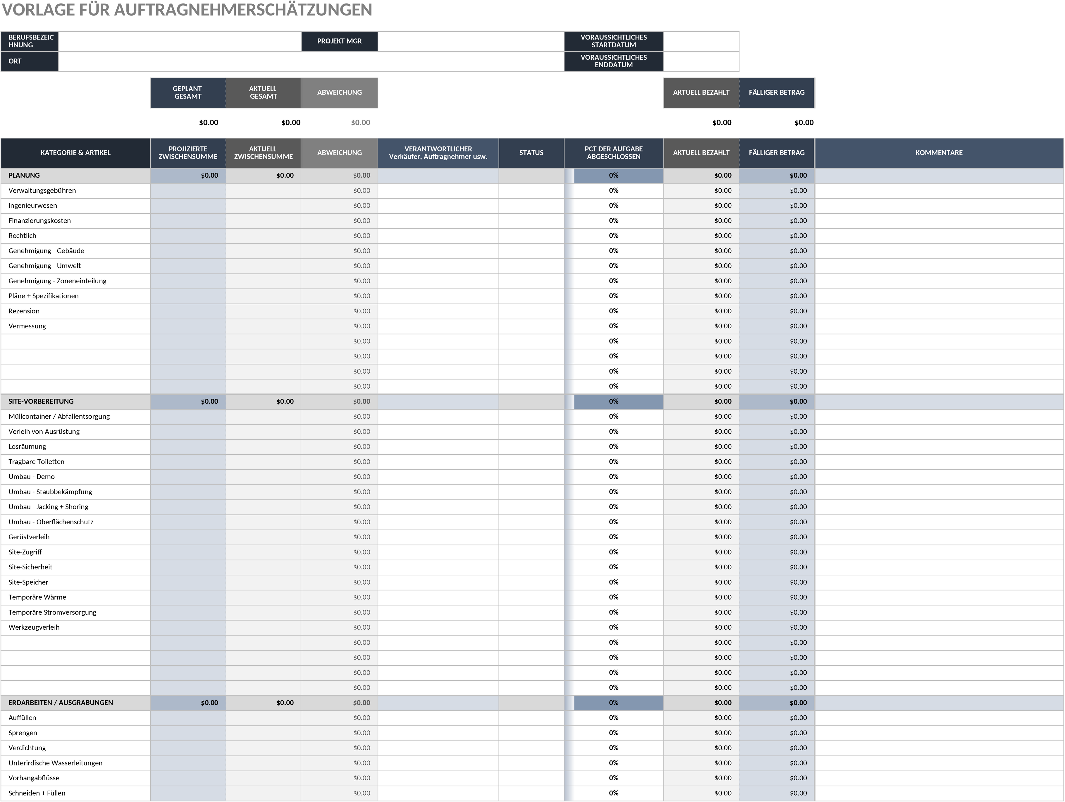 Excel-Vorlage für Bauunternehmer-Schätzung
