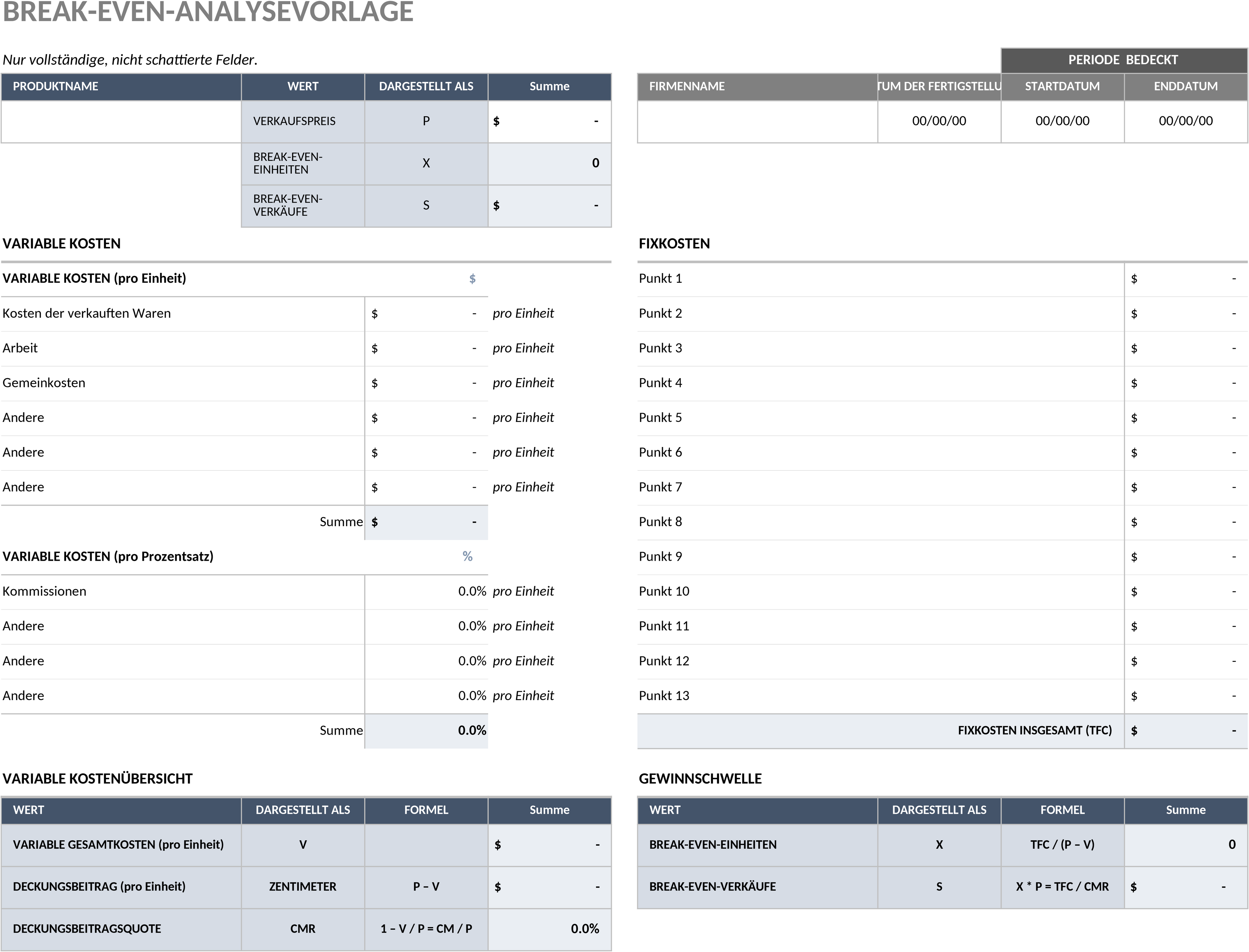 Excel-Vorlage zur Break-Even-Analyse für Unternehmen