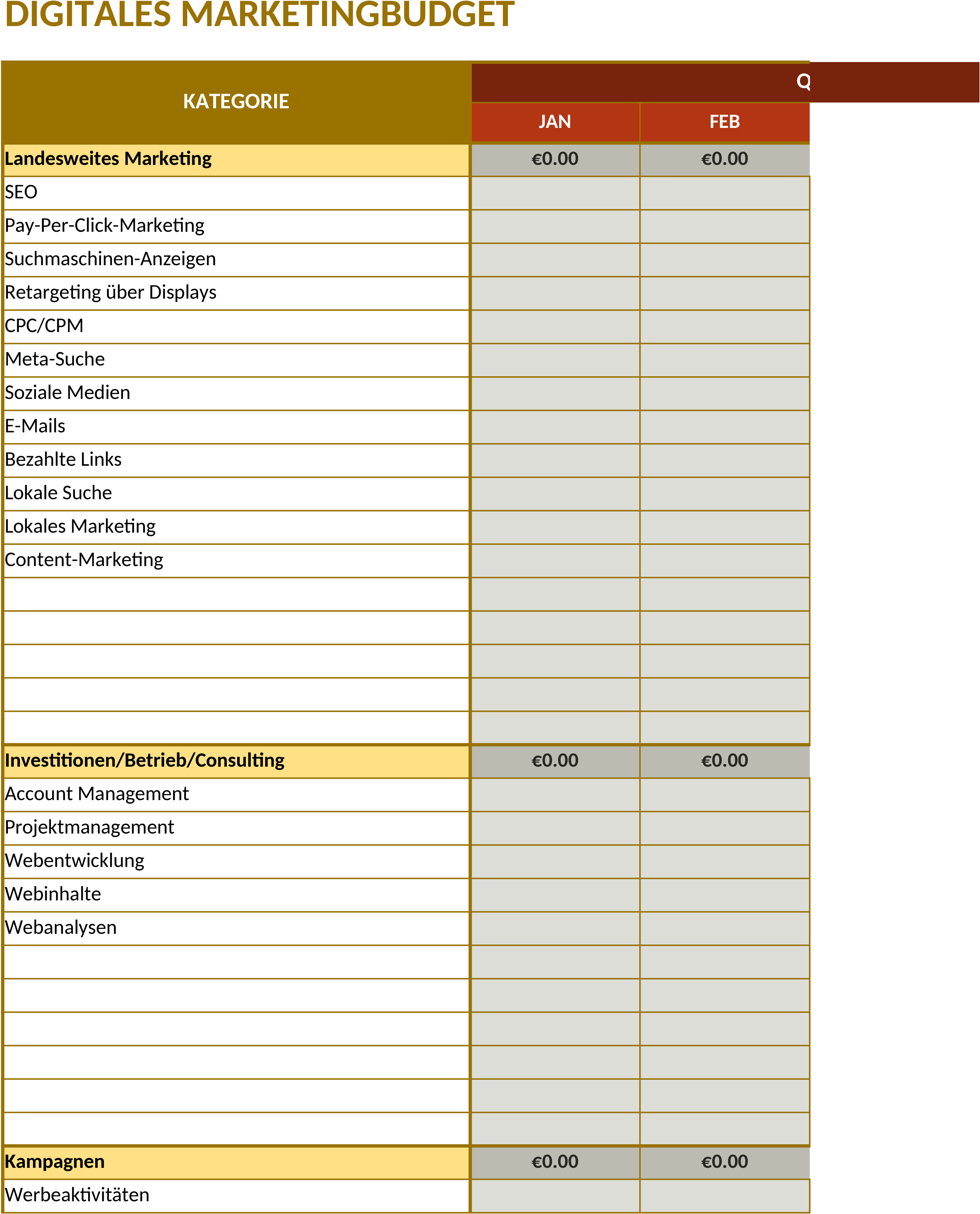 Excel-Datei für Digitales Marketing zur Kampagnenplanung