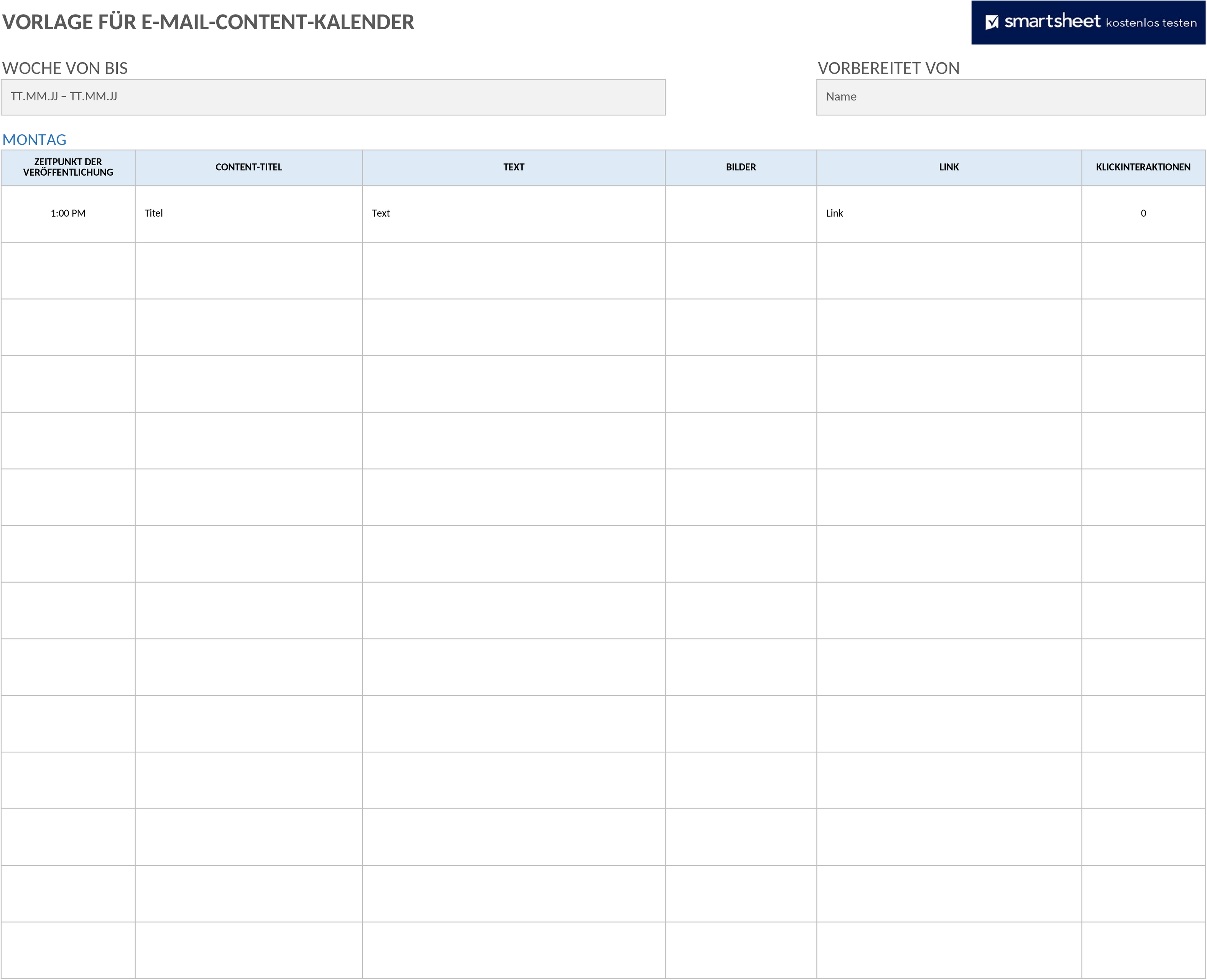 Excel-Vorlage für E-Mail-Inhaltskalender zur Planung von Marketingkampagnen