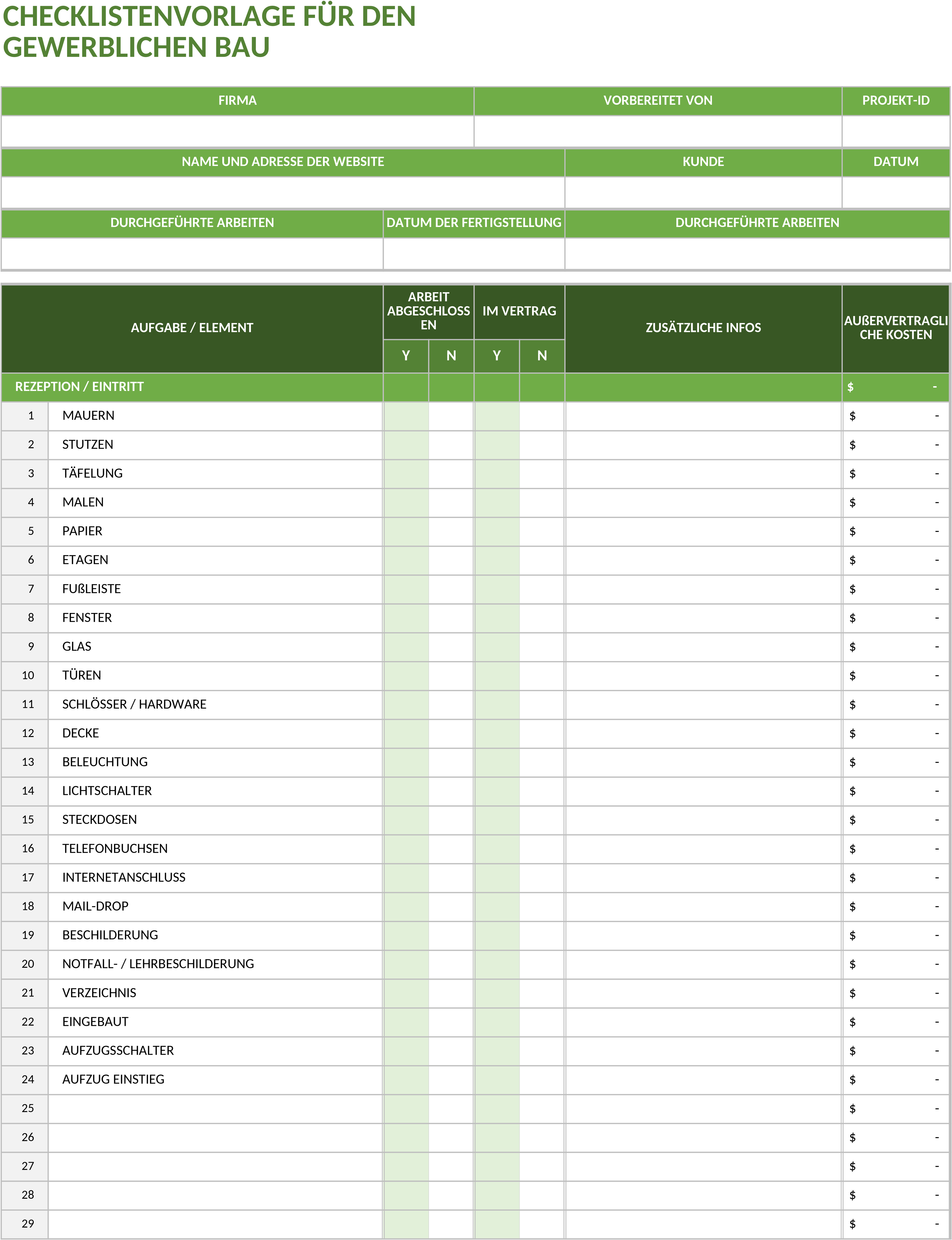 Excel-Vorlage für eine Gewerbliche Bauabnahme-Checkliste