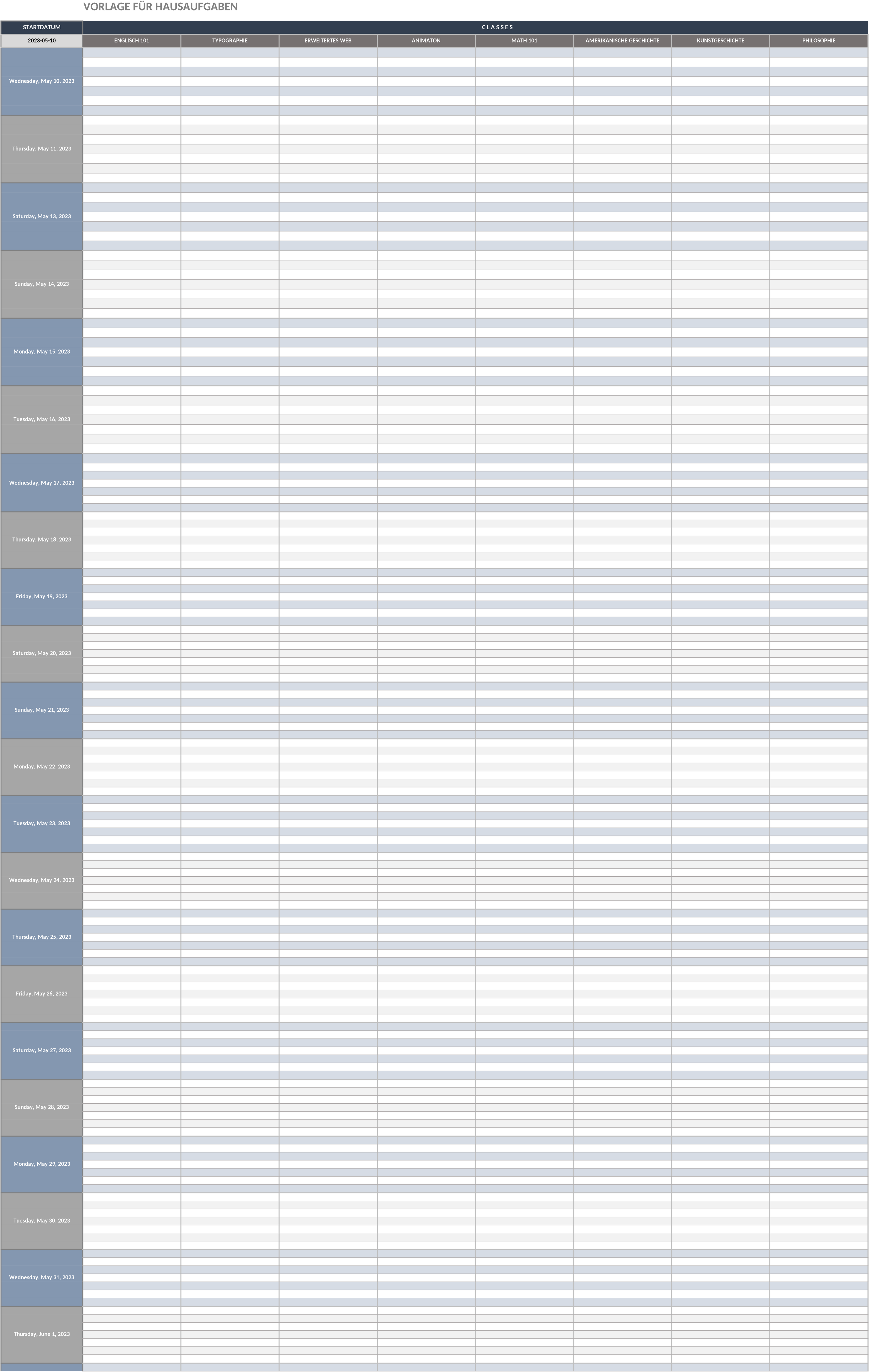 Excel-Vorlage für Hausaufgabenplaner