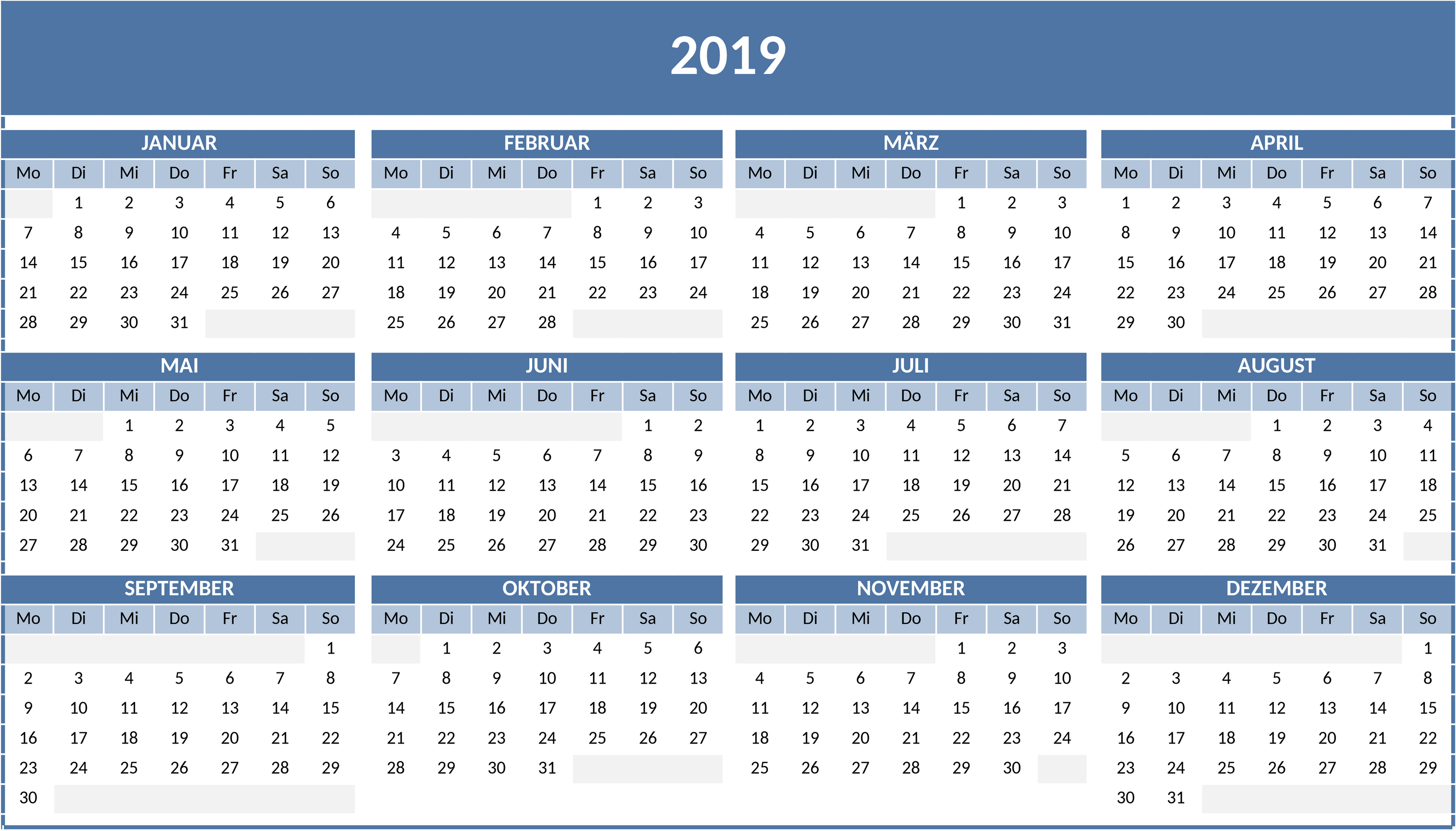 Excel Jahreskalender 2019 als Planungsinstrument