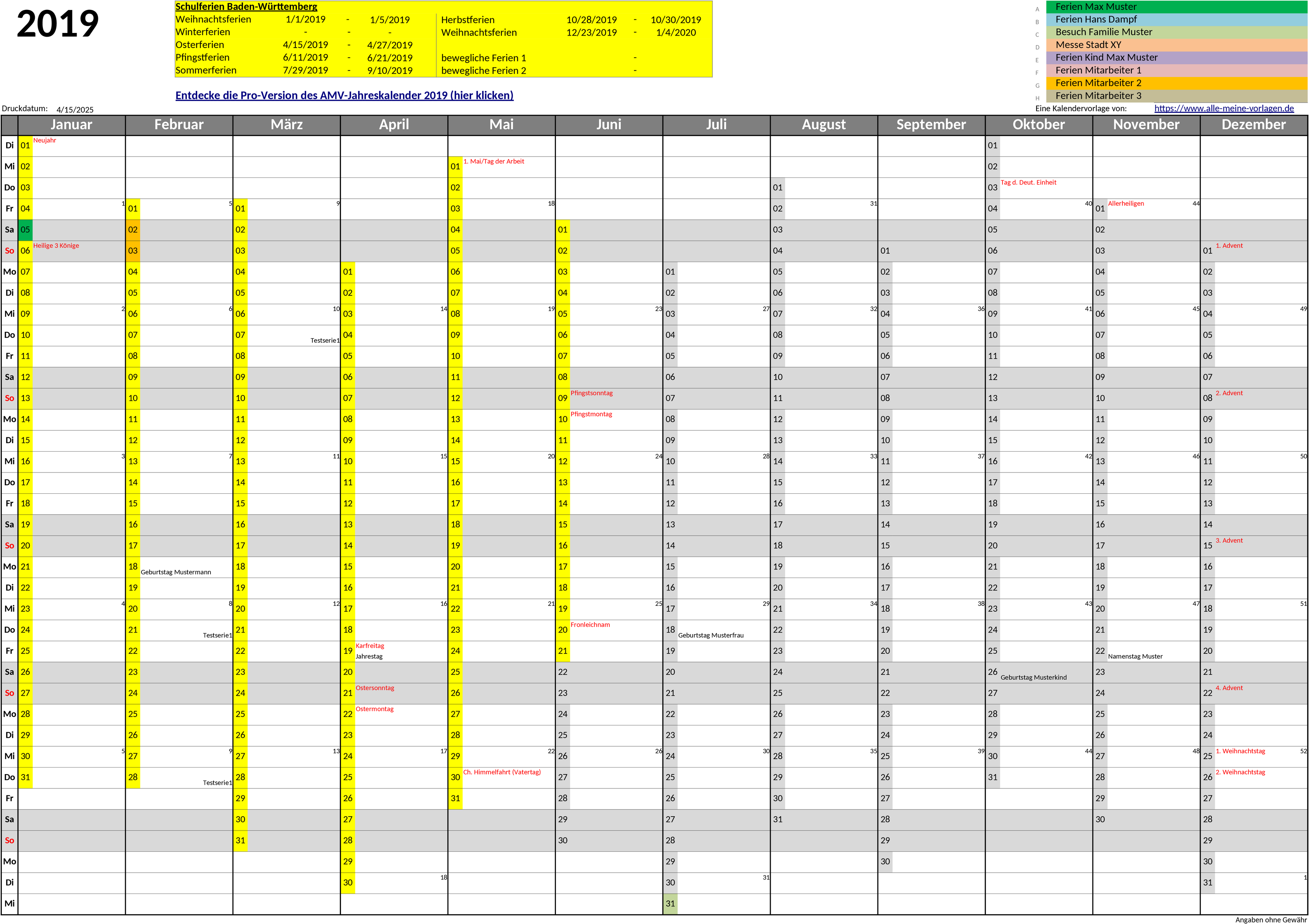 Excel-Jahreskalender 2019 Vorlage für Planung und Organisation