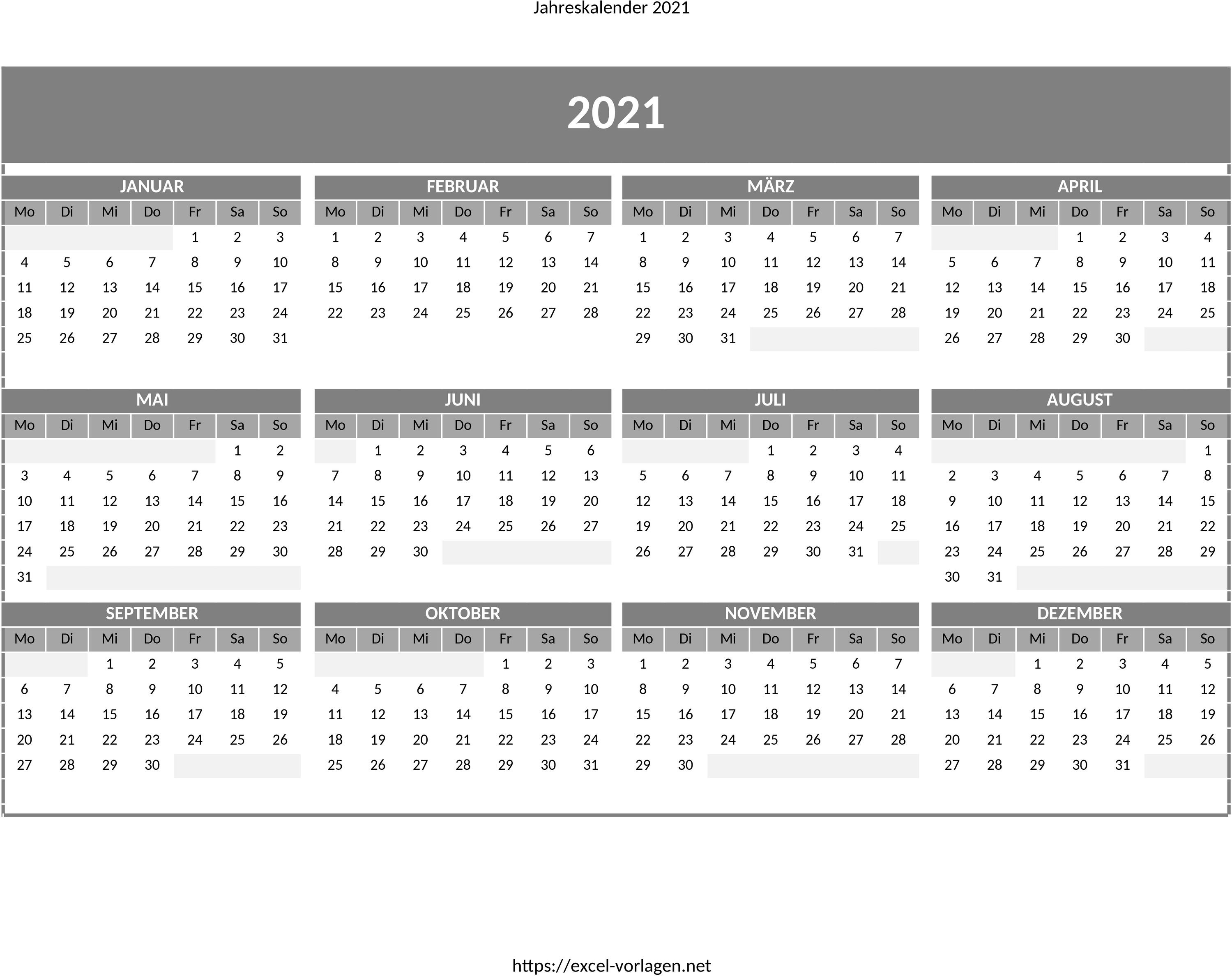 Excel-Vorlage für Jahreskalender 2021