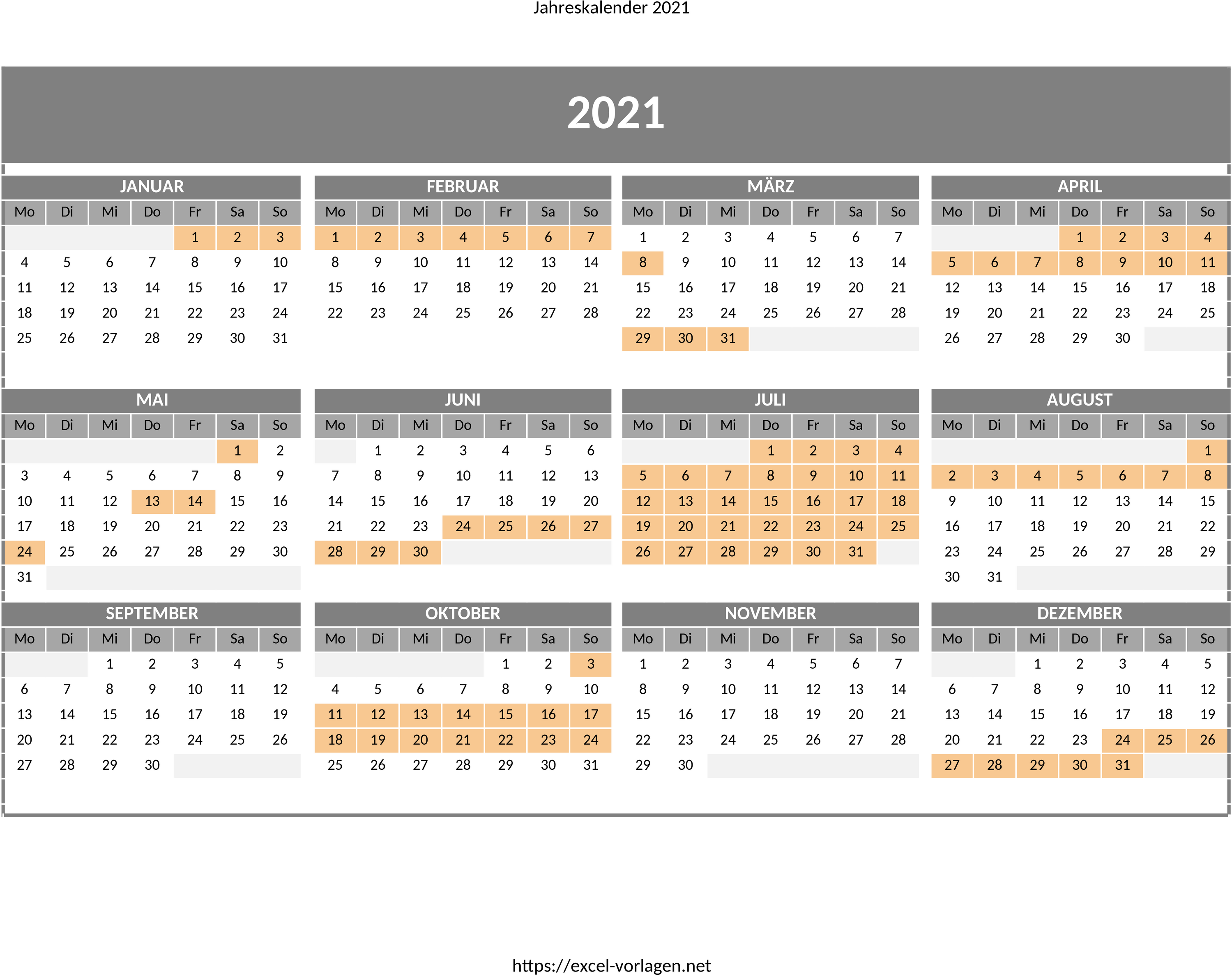 Excel Jahreskalender 2021 mit Berliner Feiertagen