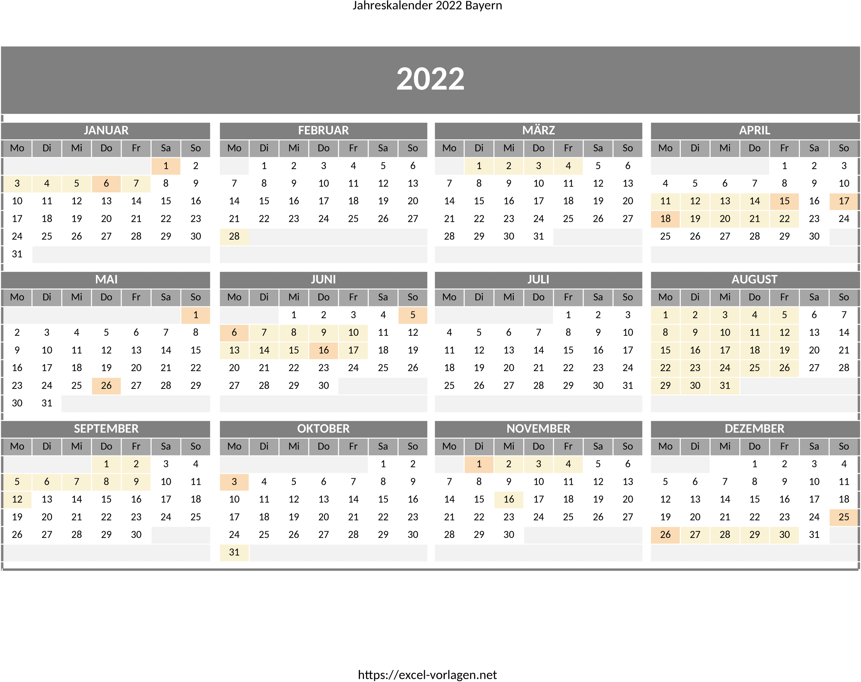 Excel-Jahreskalender 2022 für Bayern