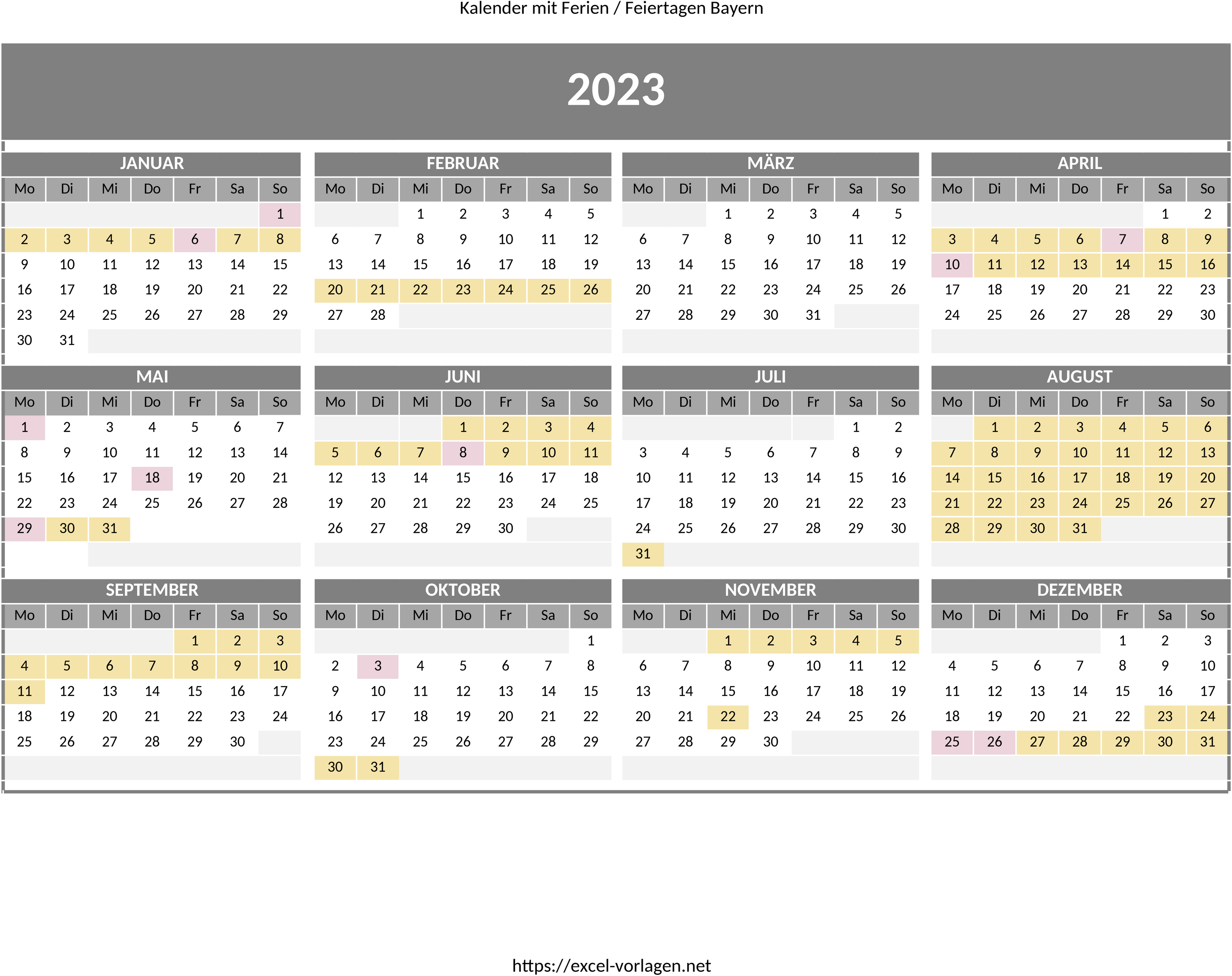 Excel-Vorlage für Jahreskalender 2023 Bayern