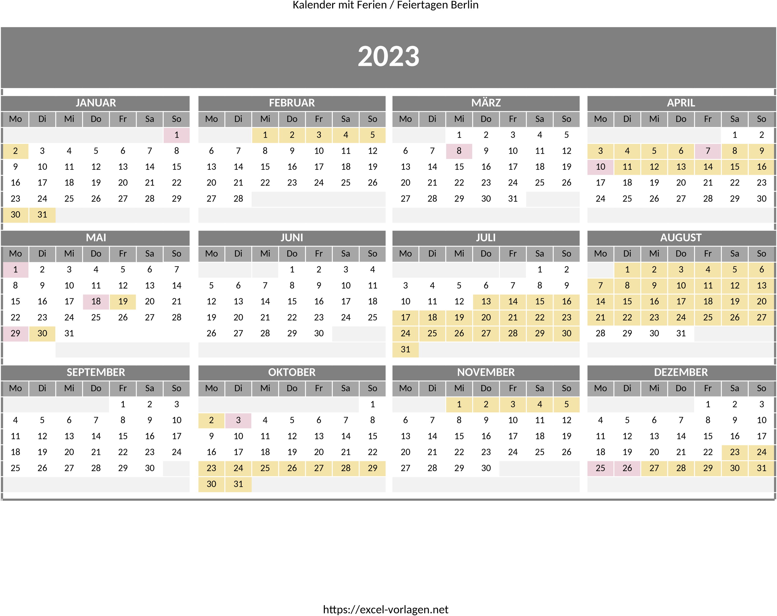 Excel Jahreskalender 2023 für Berlin