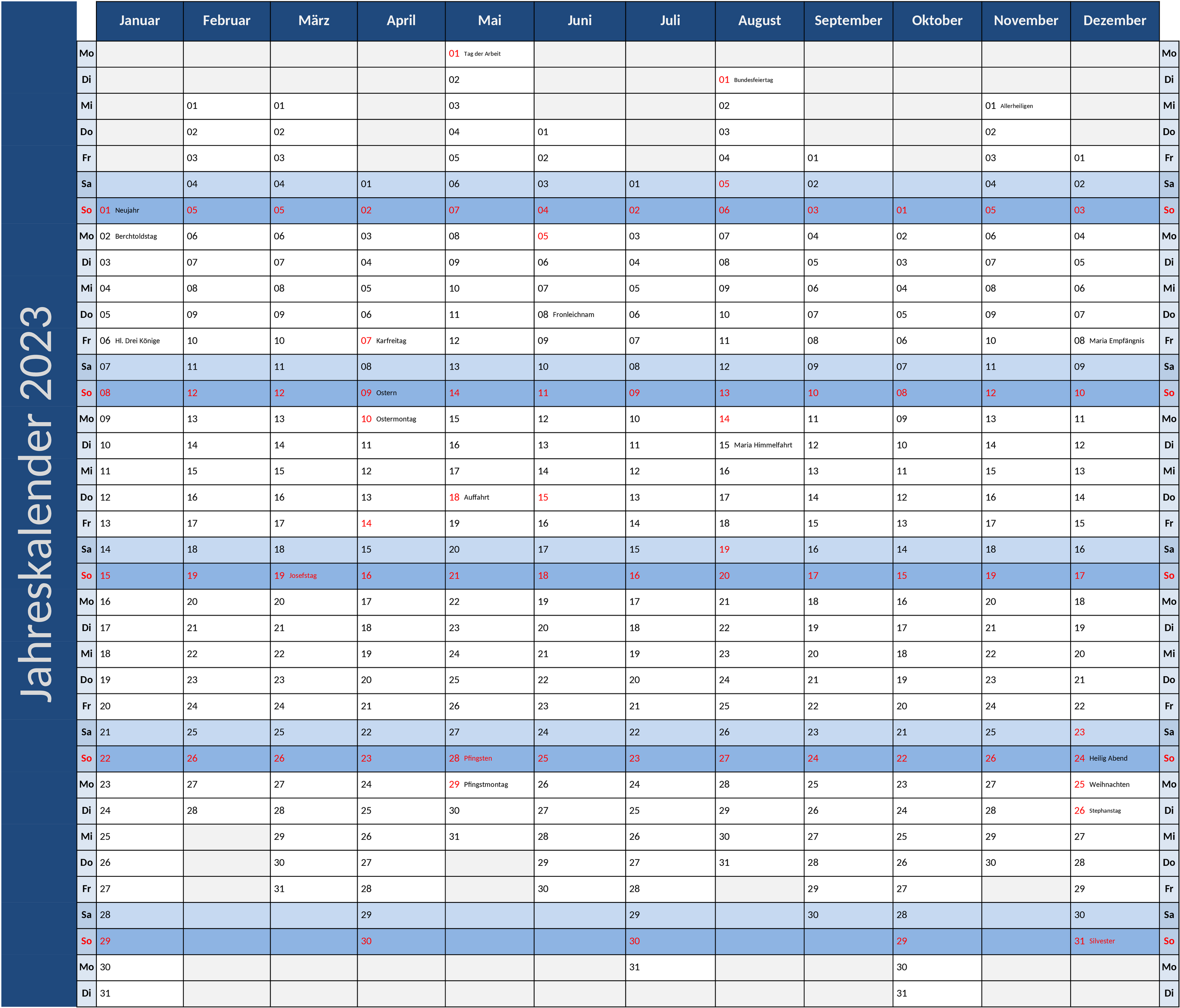Excel-Jahreskalender 2023 im Querformat