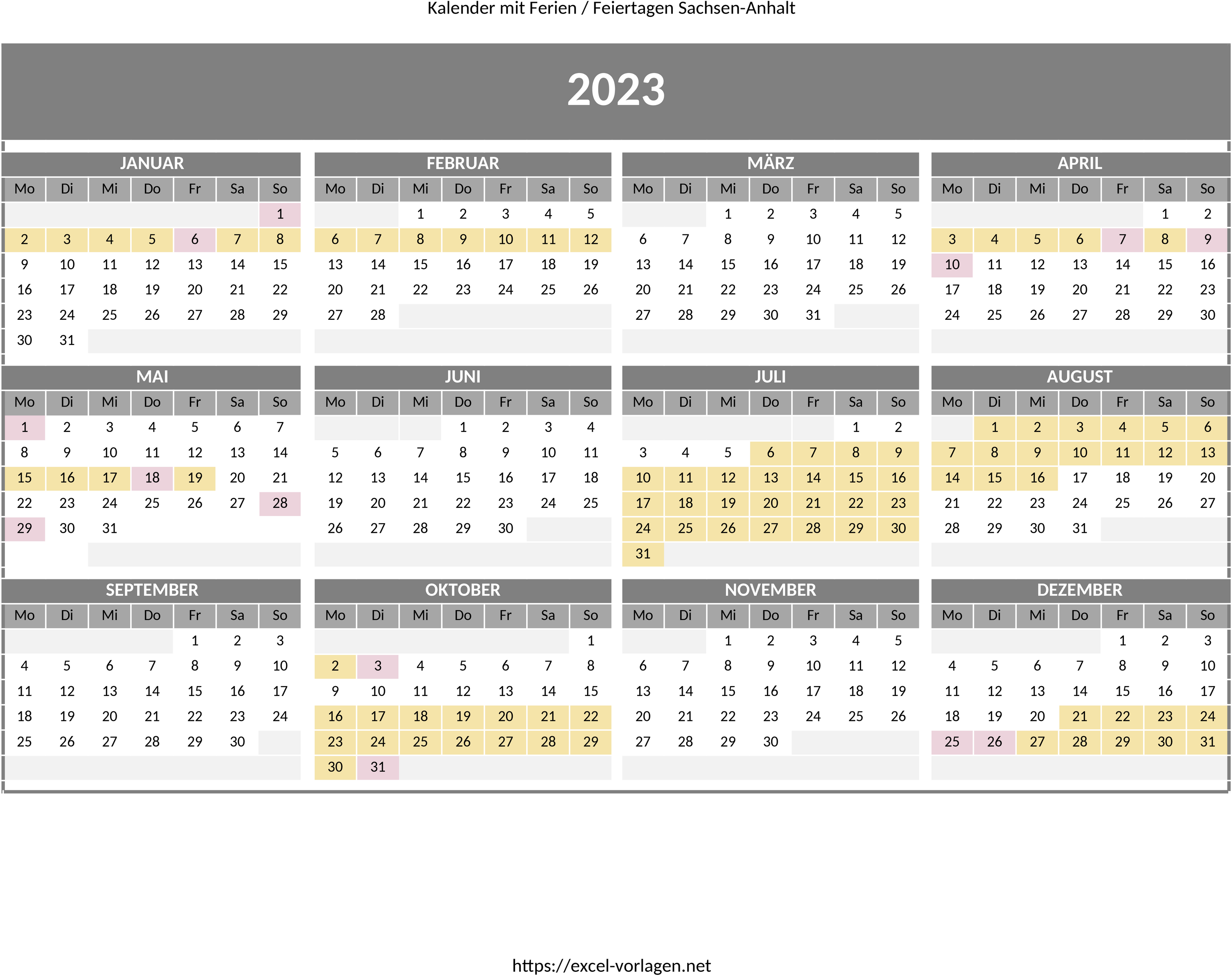 Excel-Jahreskalender 2023 Sachsen-Anhalt