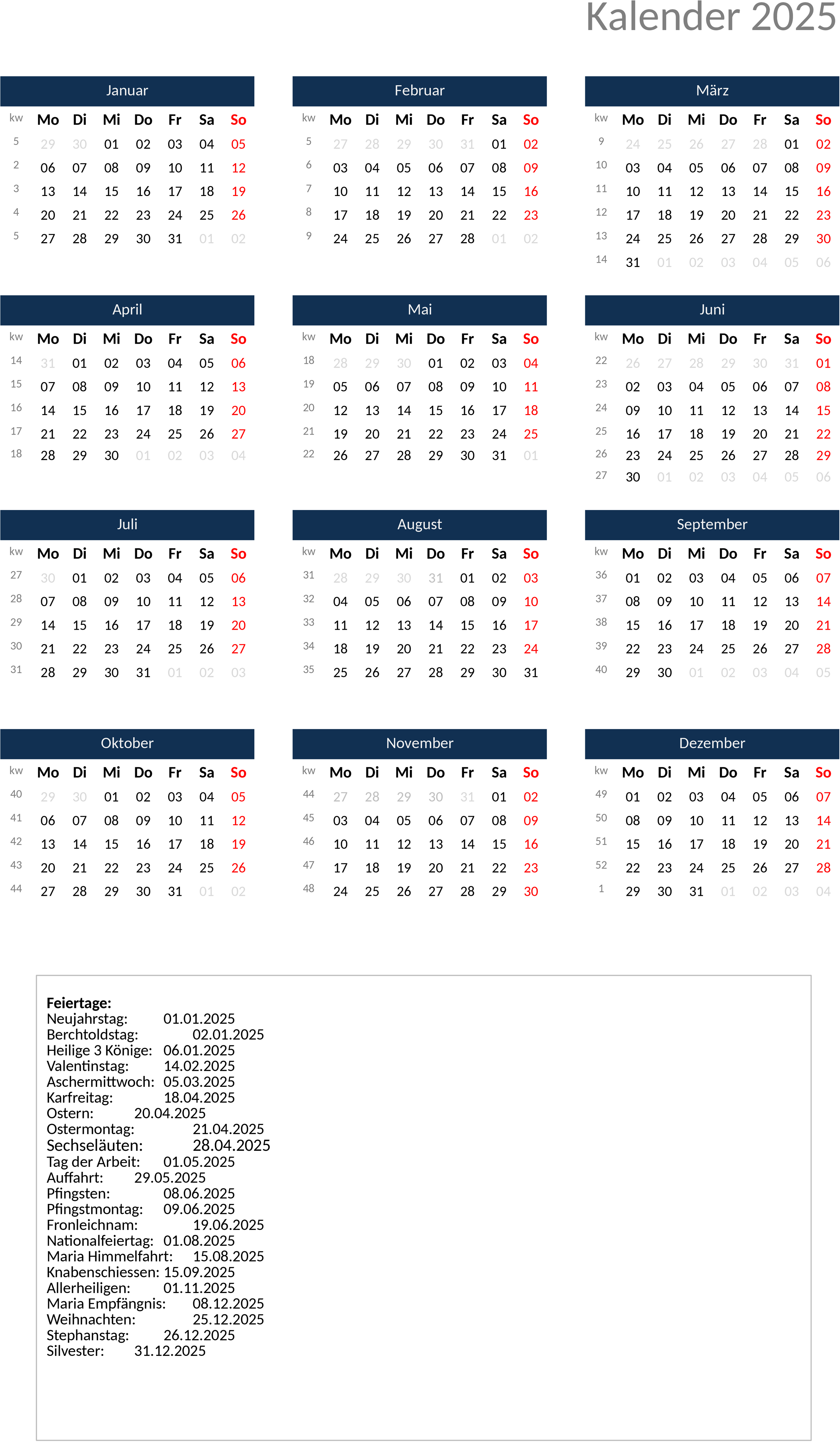 Excel-Jahreskalender 2025 im Blockformat