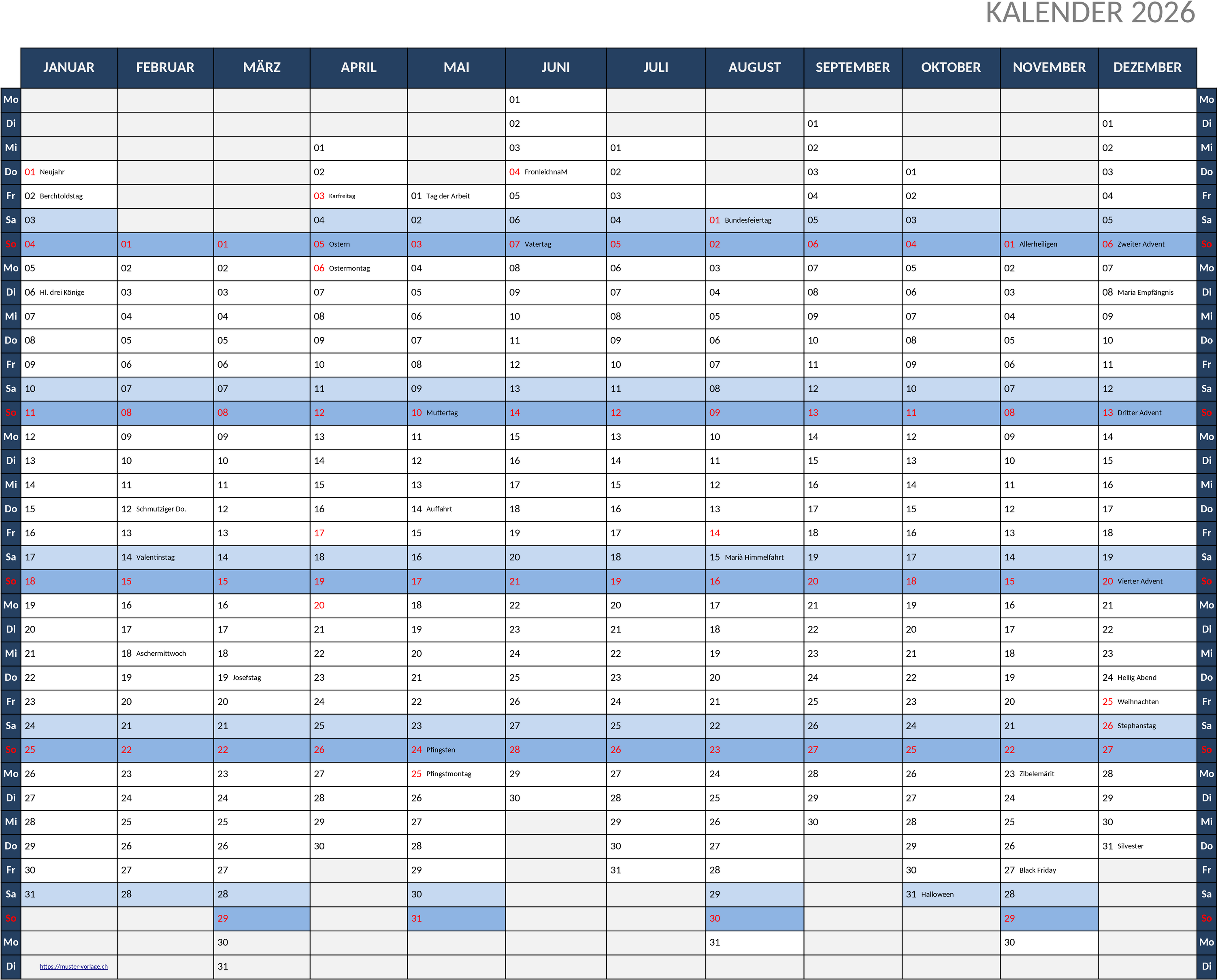 Excel Jahreskalender 2026 im Querformat