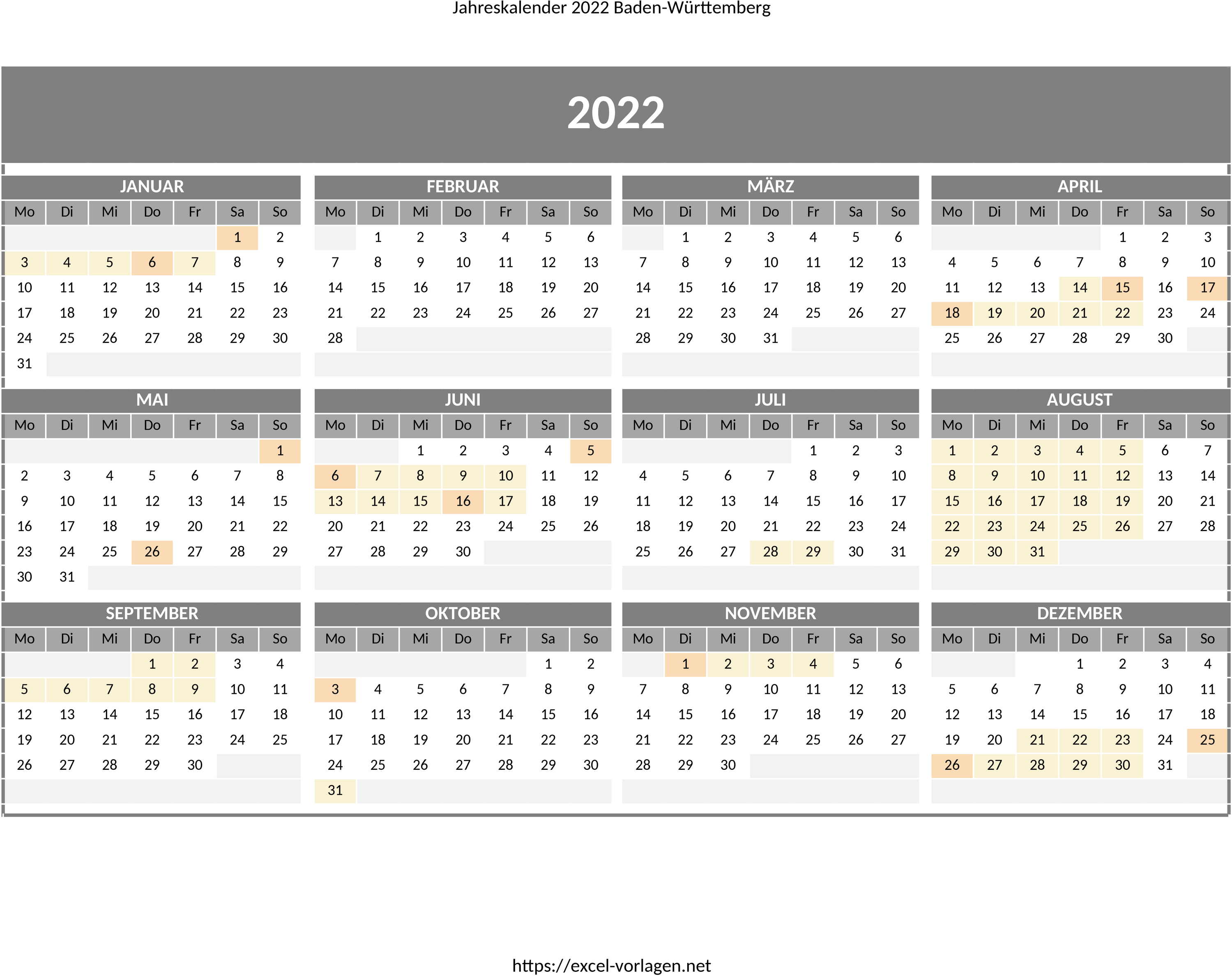 Excel Jahreskalender Baden-Württemberg 2022