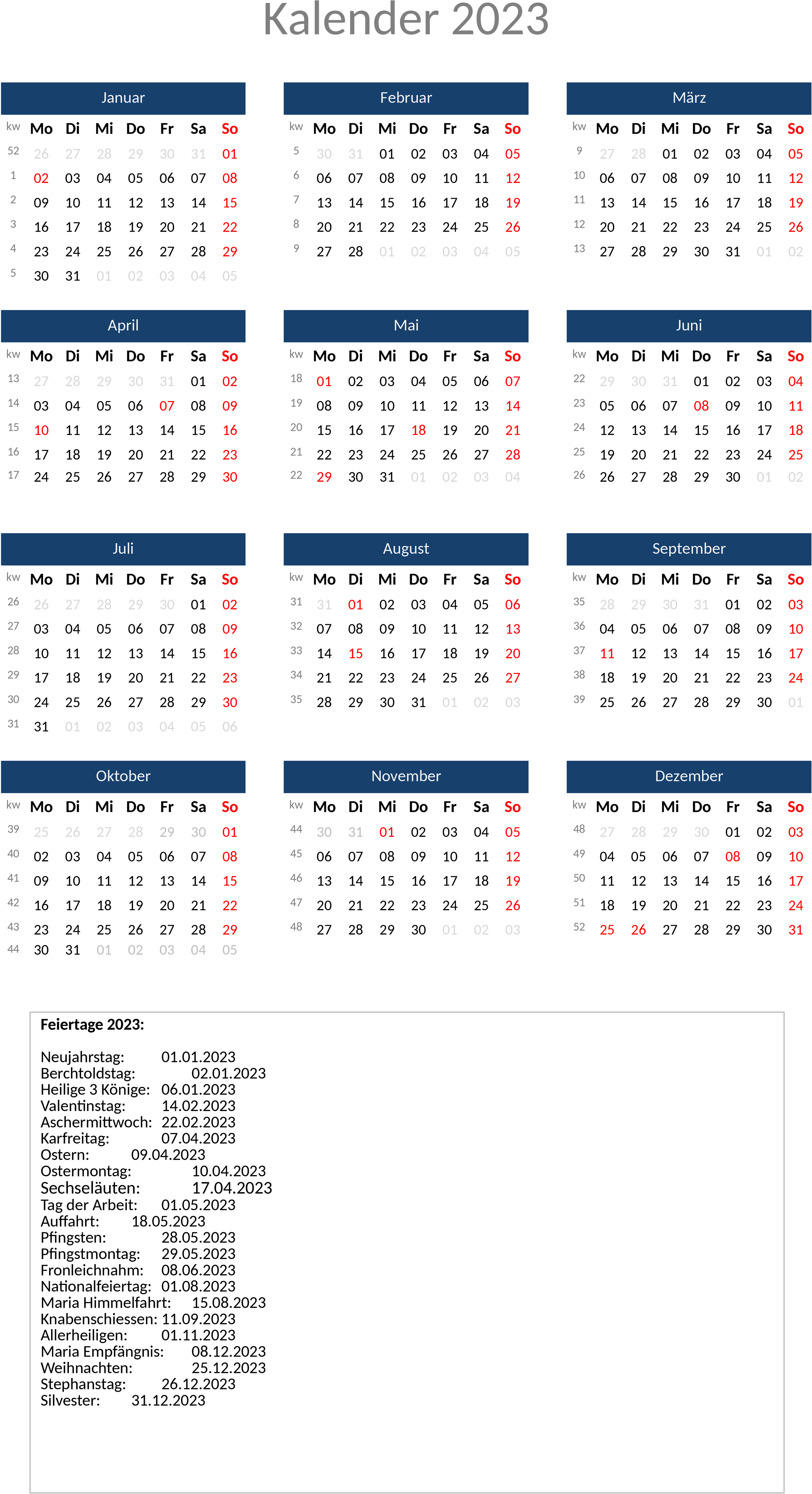 Excel-Jahreskalender im Blockformat für 2023