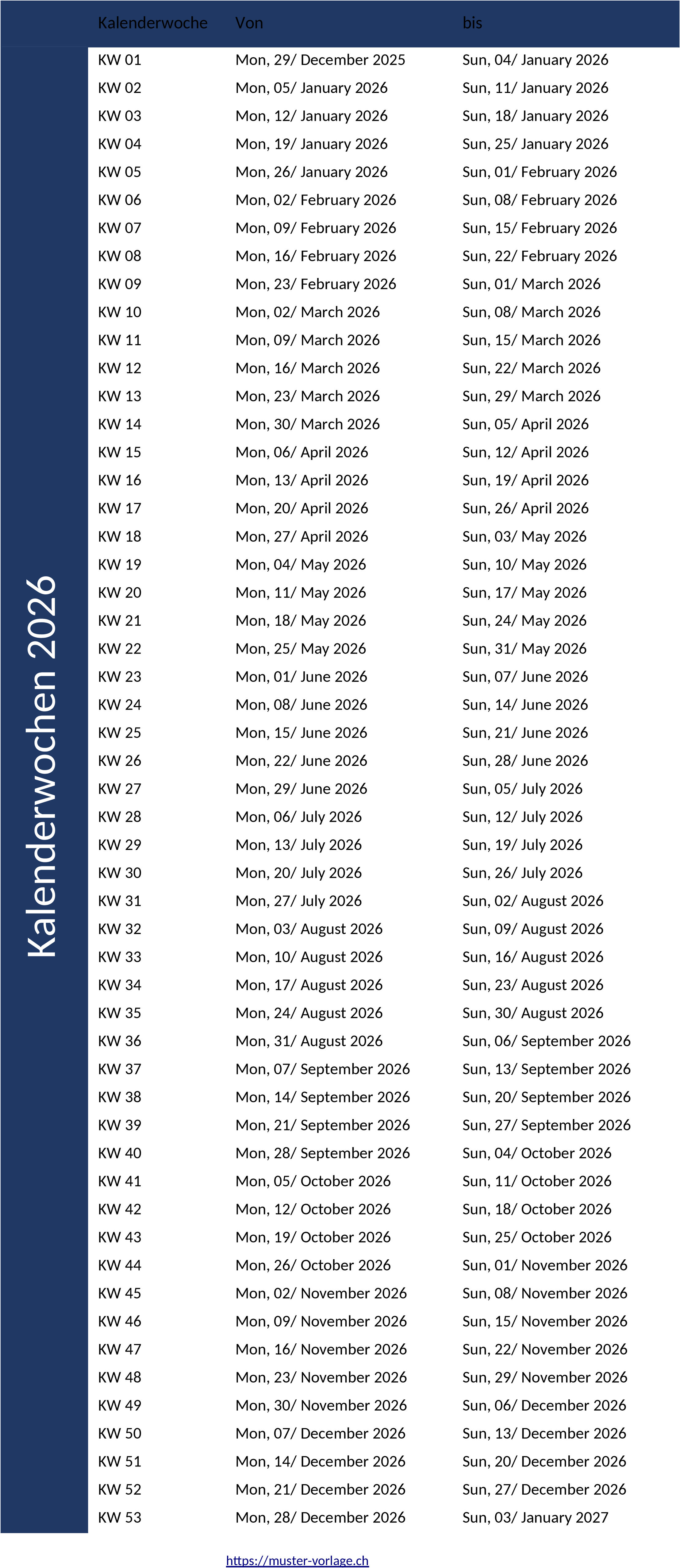Excel-Kalenderwochen 2025 Vorlage