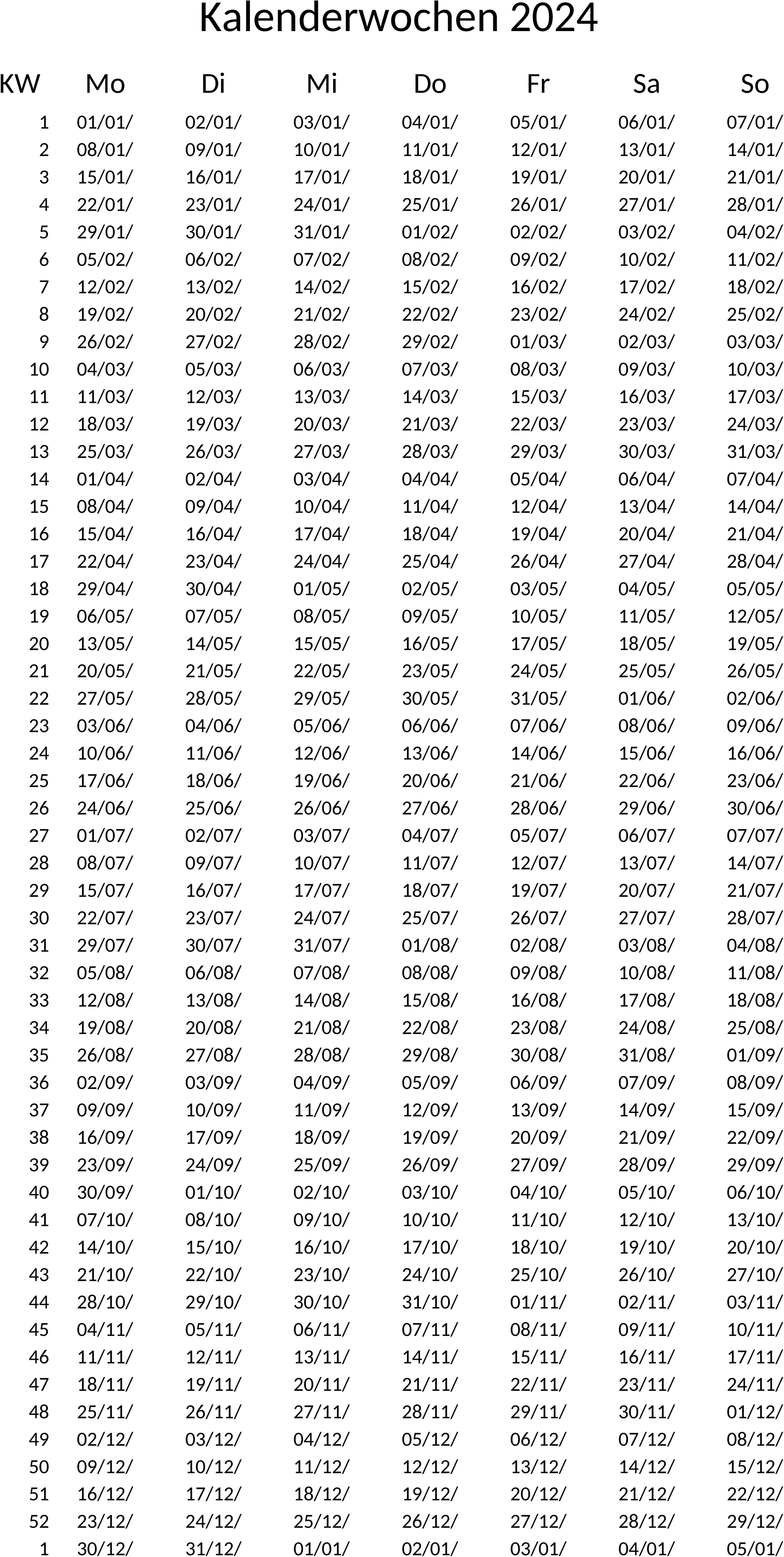Excel-Kalenderwochenübersicht 2024 zur Jahresplanung