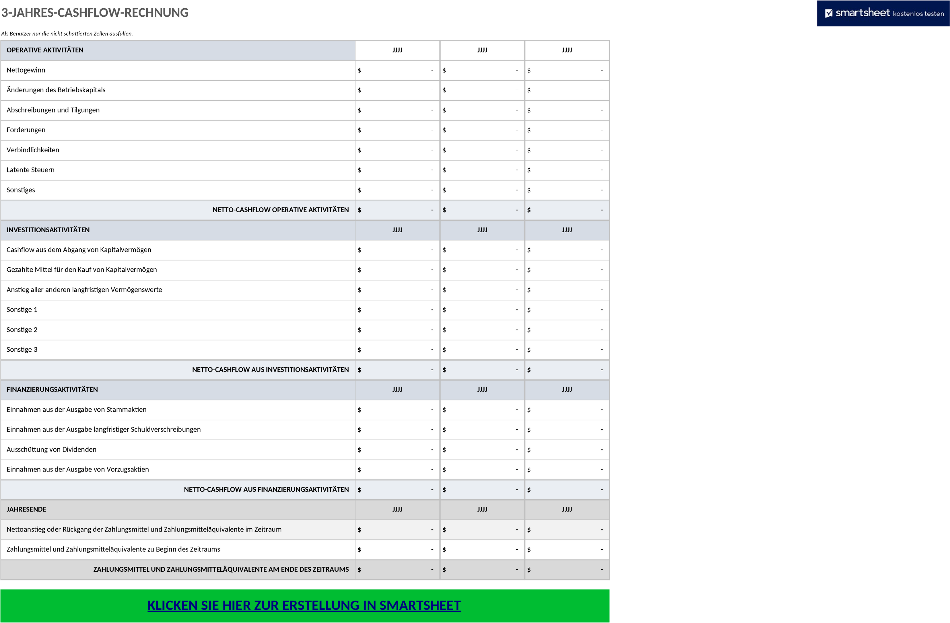 Excel-Vorlage für 3-Jahres-Kapitalflussrechnung