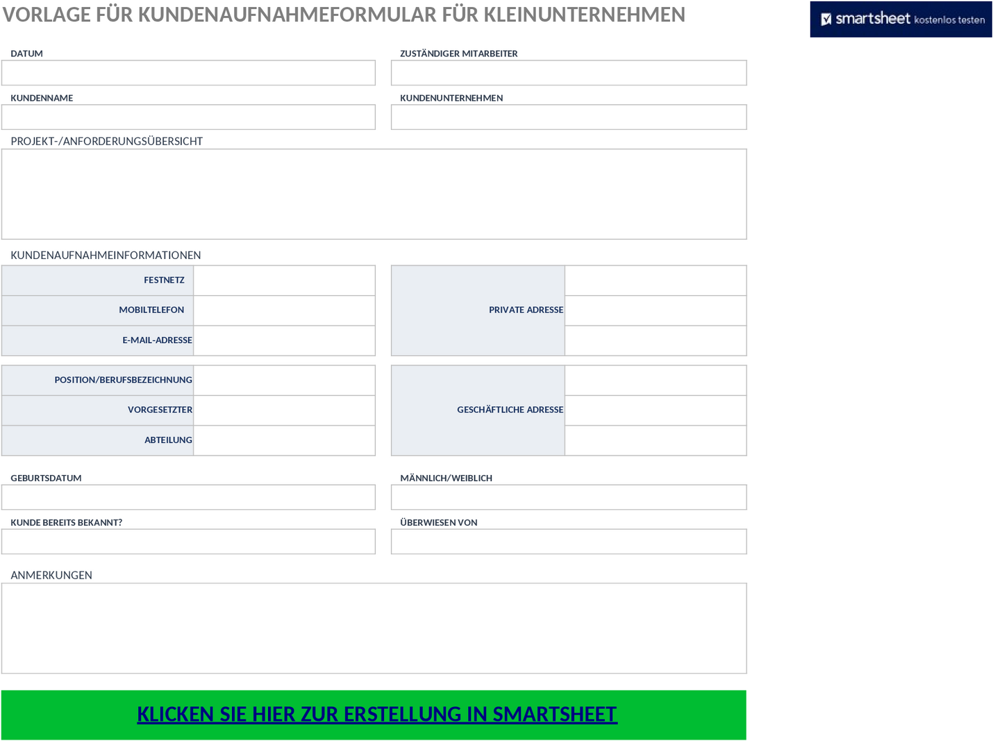 Excel-Vorlage für Kleine Unternehmen: Kundenaufnahmeformular