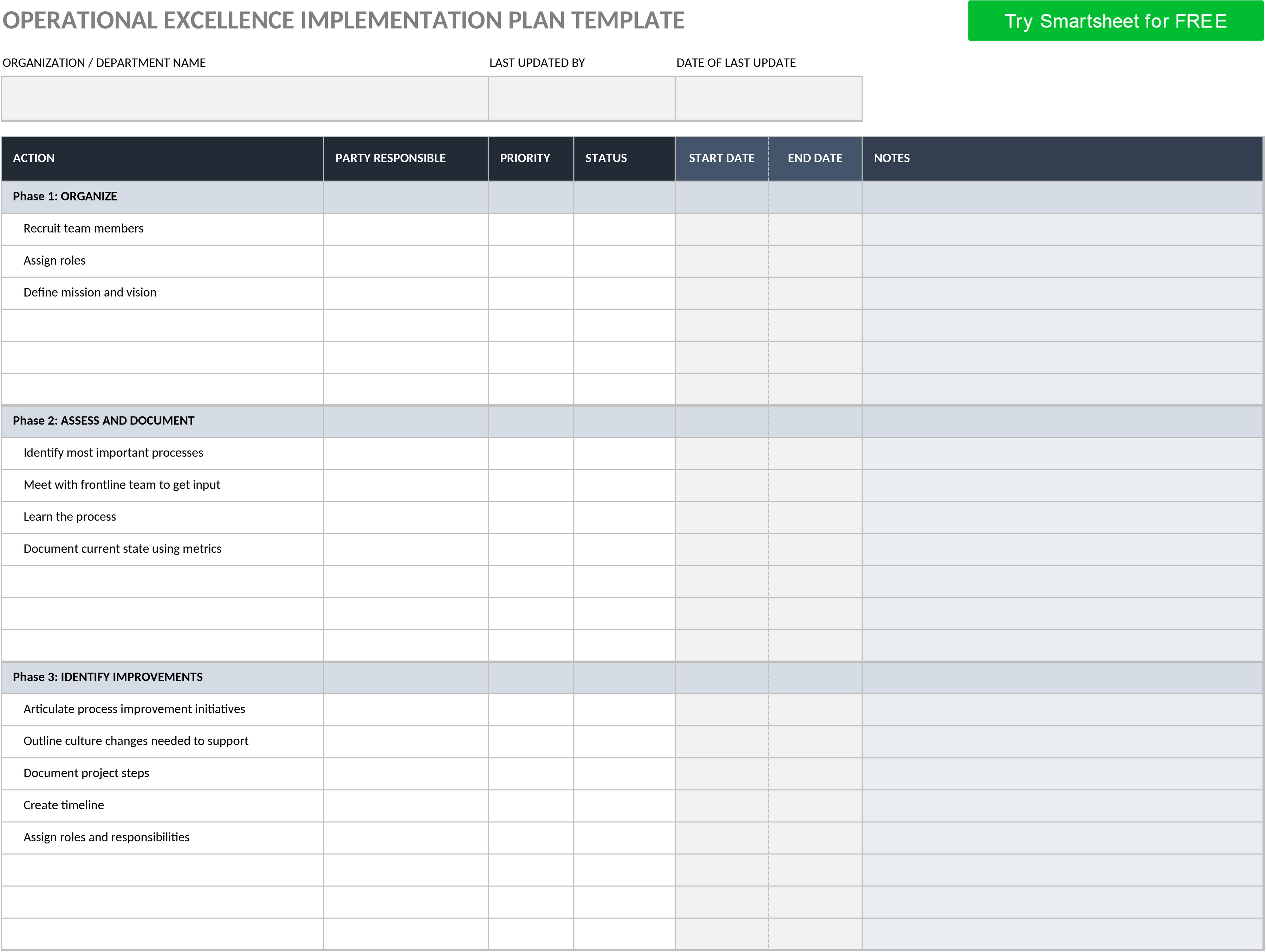 Excel-Vorlage für Operational Excellence Implementierungsplan