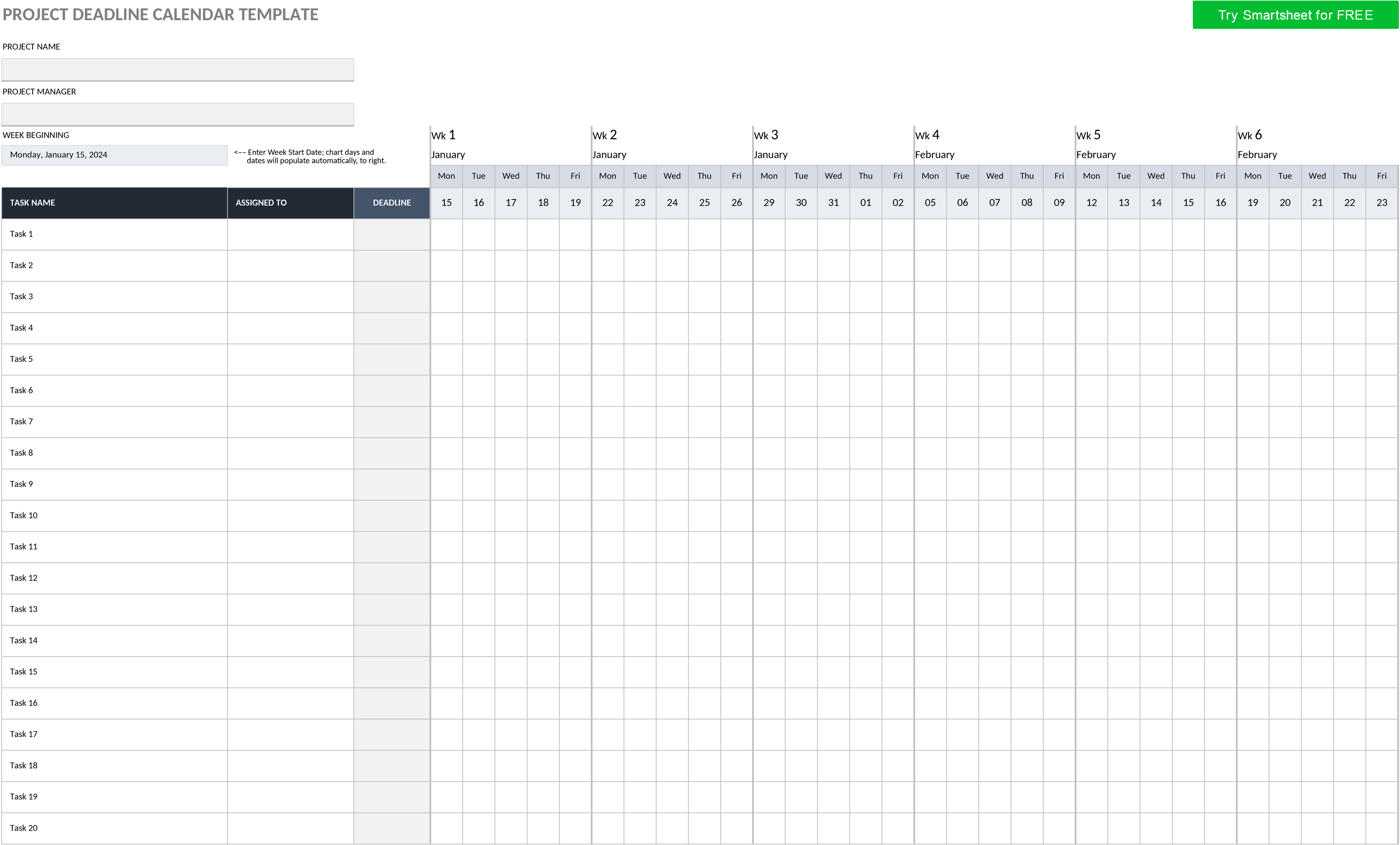 Excel Projekt-Deadline-Kalender Vorlage
